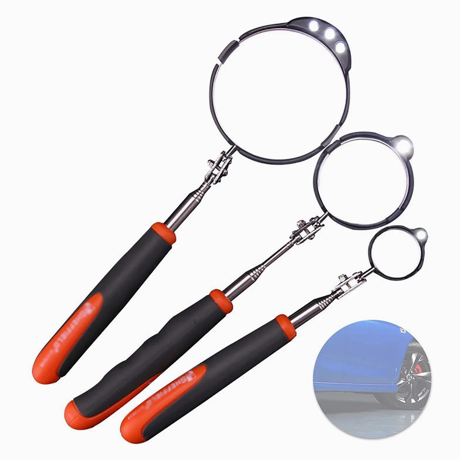 Espejo de inspección telescópico de 3 Piezas, Espejo de inspección de Bajos de vehículos con luz LED para reparación de automóviles, Longitud telescópica 760 mm 940 mm 910 mm,