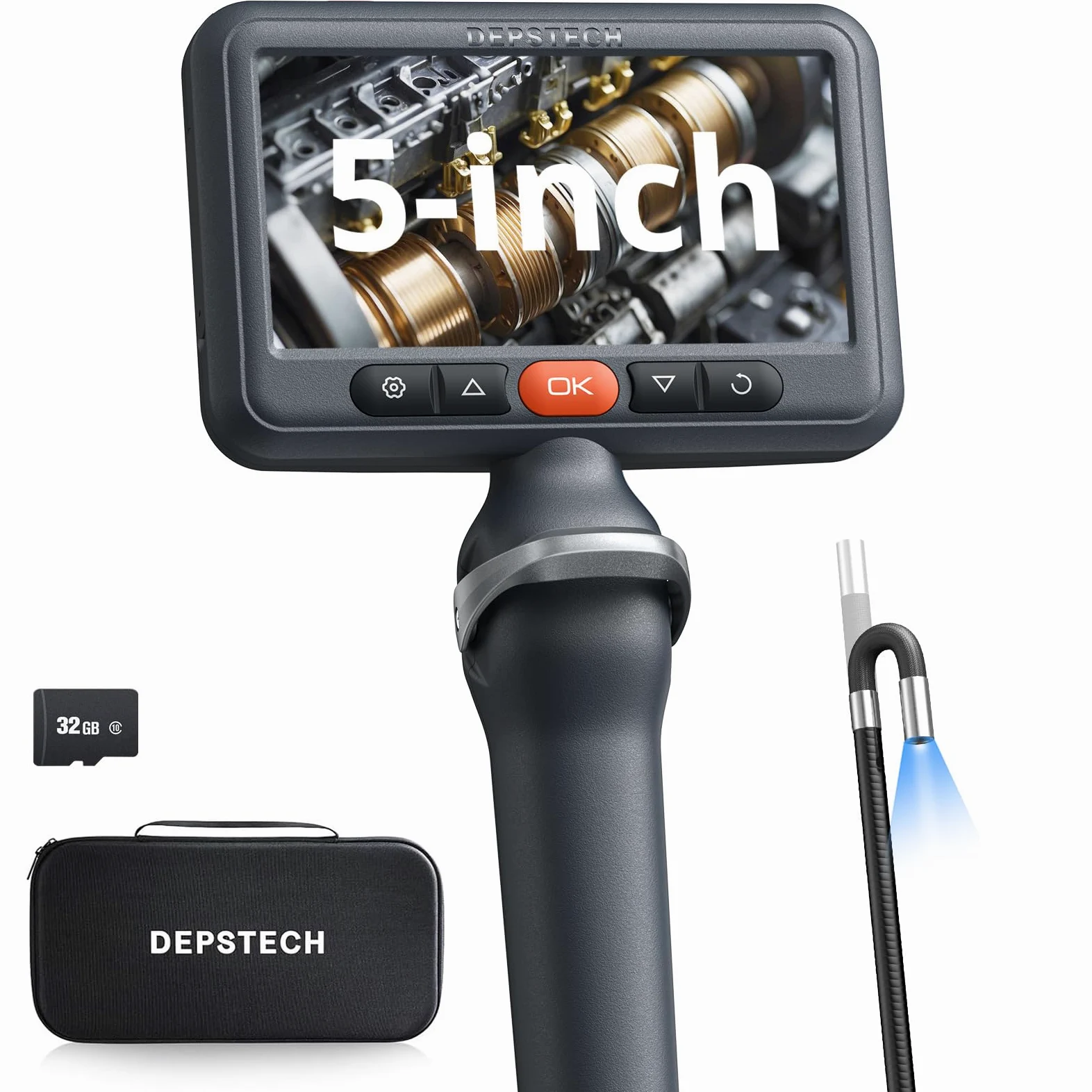 DEPSTECH Cámara Endoscópica con IPS 5", Cabezal 210 y Sonda Ultrafina 6.2mm | Boroscopio con Cable Semirrígido 1.5m, 8 LEDs Regulables y Impermeable IP67 para Inspección de Tuberías y Cavidades de Pared