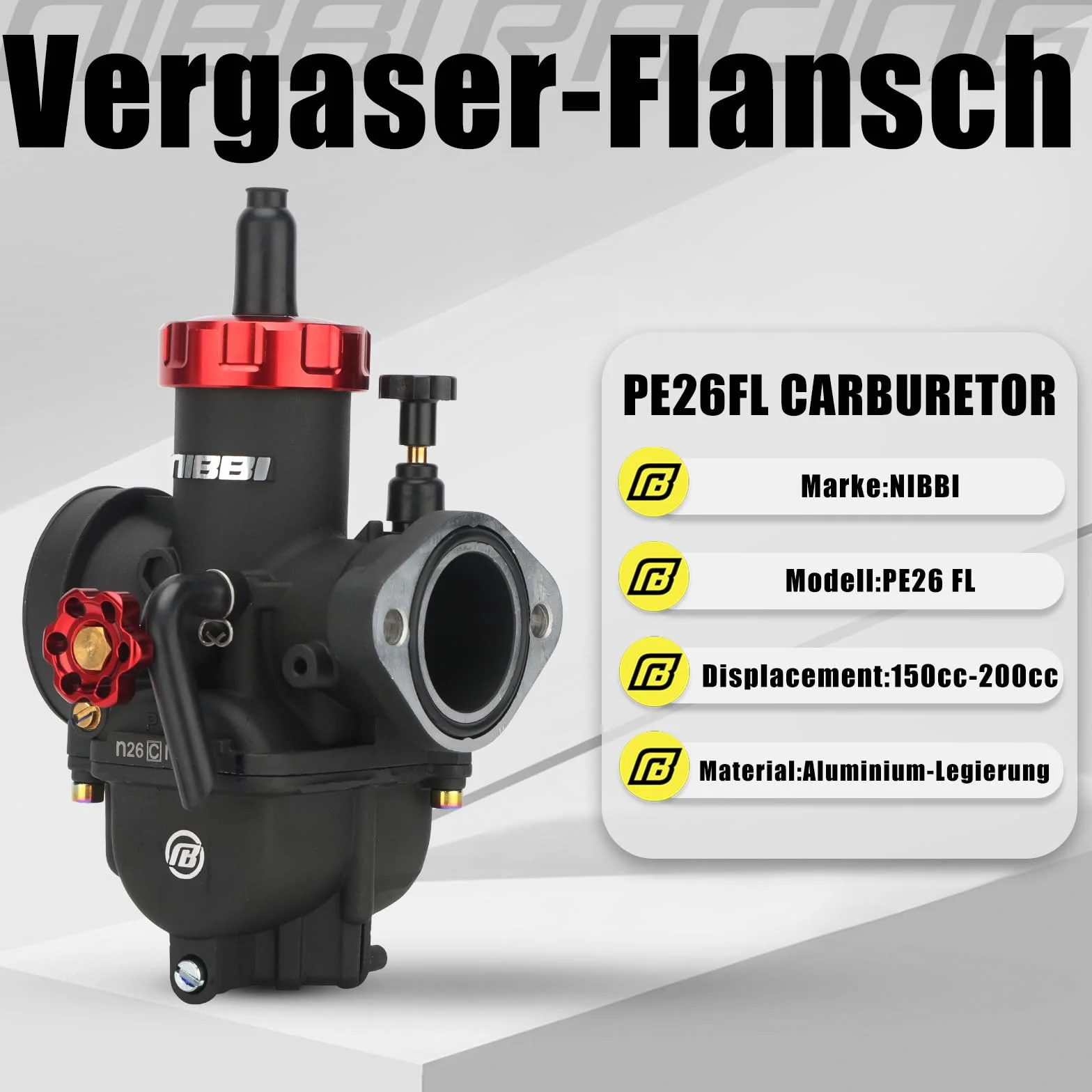 NIBBI PE 26mm Carburador Alto Rendimiento para Motos 150cc-200cc con 3 Boquillas un Inyección Piloto y Revestimiento Protector Apto para Cross, Dirt Bike, ATV, Motocross, Pit Bike, Mini GP