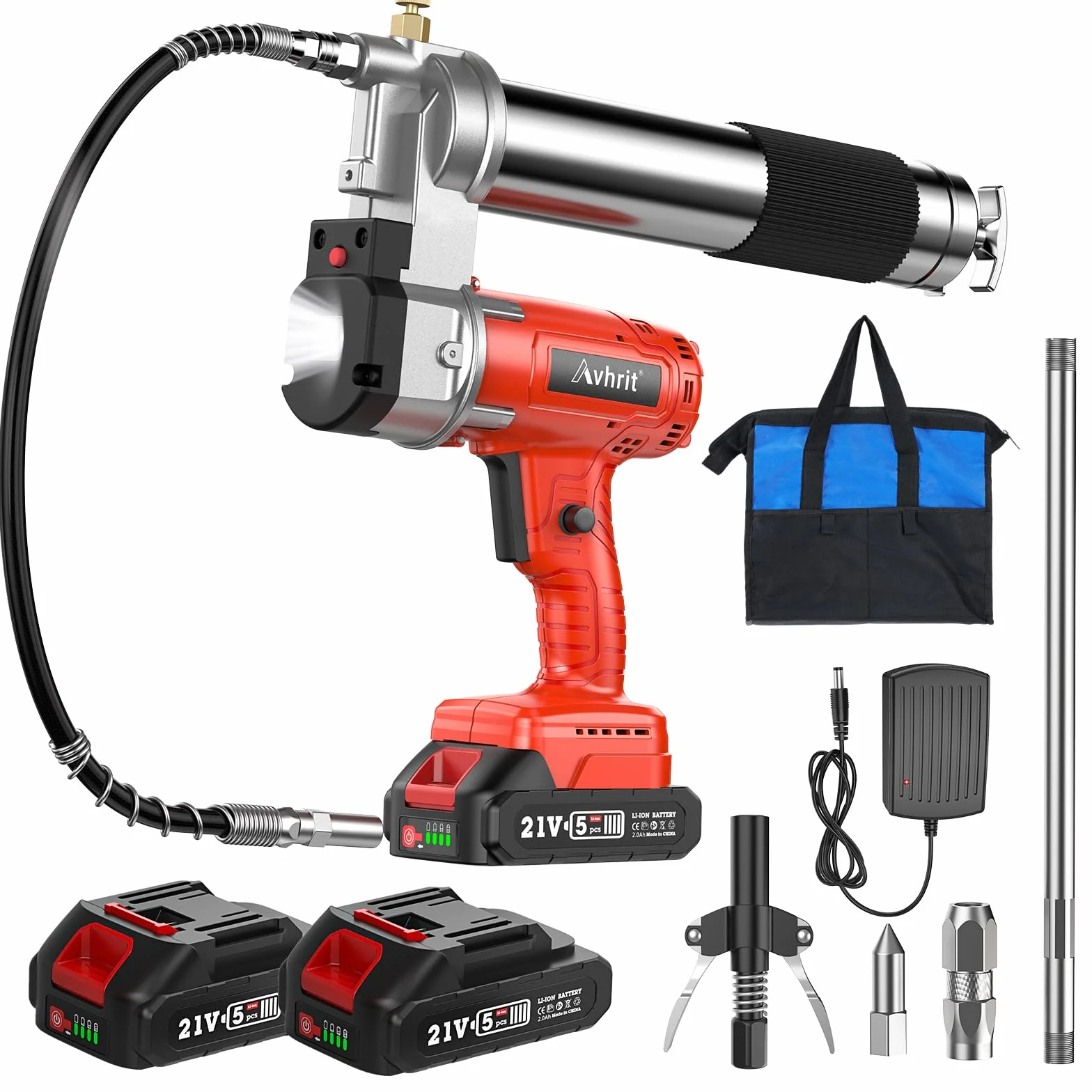 Engrasadora Bateria 10.000 PSI, 5 oz/min, Manos Libres, Pistola de Engrasar con 2 x 2000mAh Baterías, 39.4" Manguera Larga, 3 Diferentes Acopladores, para Engrasar Equipo Pesado