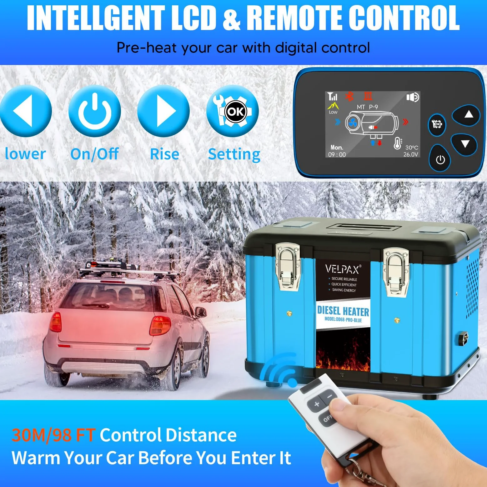 VELPAX Calentador Diésel Portátil Todo en Uno 12 V 24V 220V 8KW,Bluetooth App Calentador de Aire Diesel 0,16-0,52 L/h LCD de Control Remoto,Adecuado para Autocaravanas,Coches,Camiones,Autobuses
