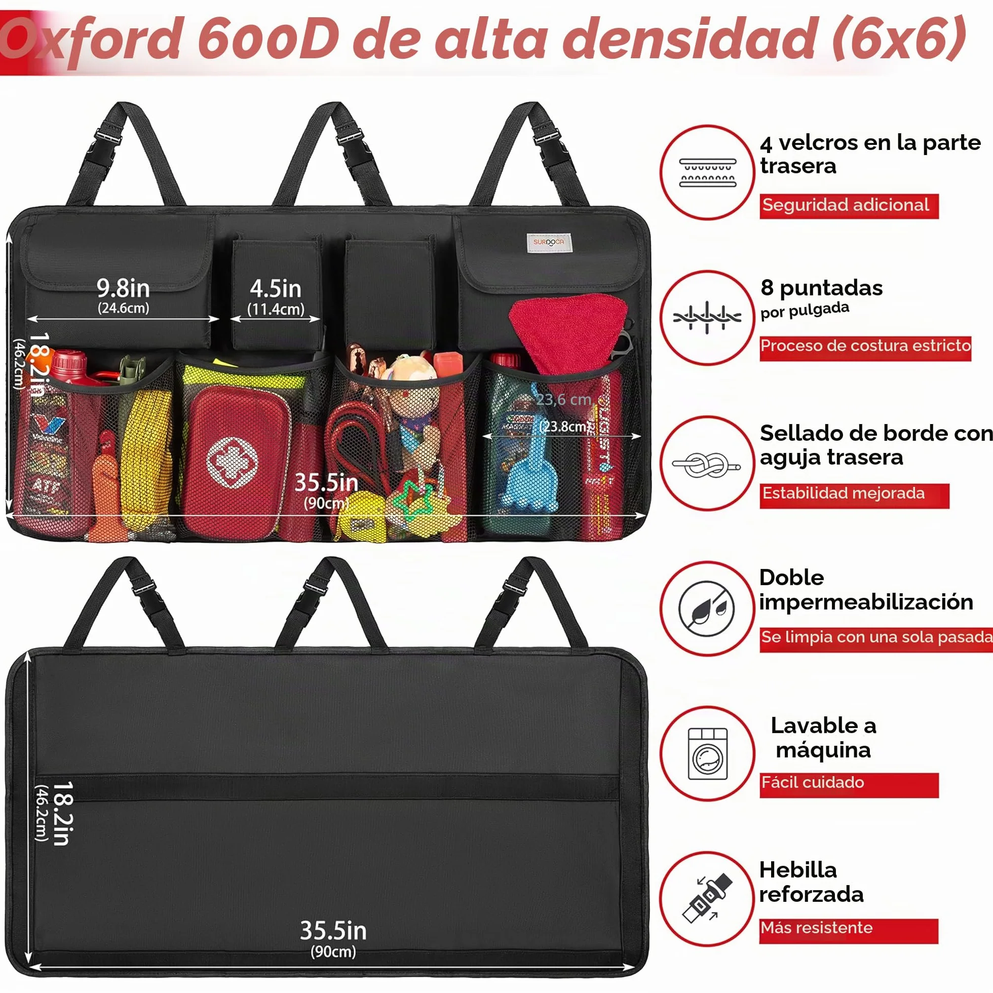 SURDOCA Organizador Coche, 4 Gen 110 * 48 cm Capacidad Extra Grande - XL, Organizador para Colgar en el Asiento Trasero del Coche, Experto en Ahorro de Espacio, Negro