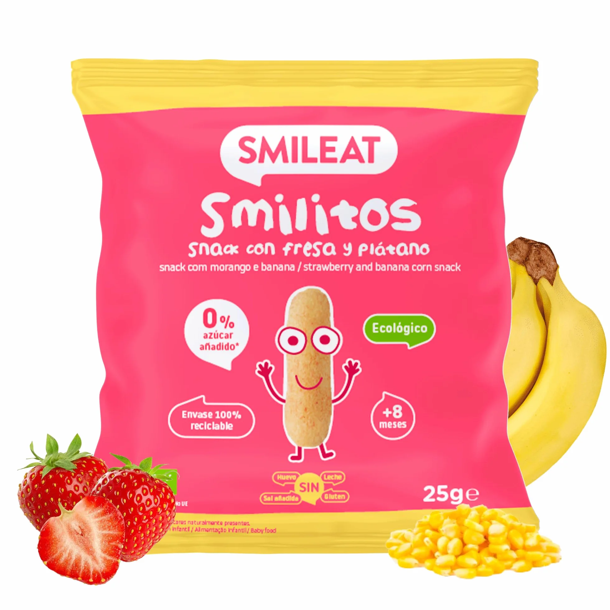 Smileat Bolsas de Snacks Ecológicos de Maíz Fresa y Plátano Pack 12 x 25g