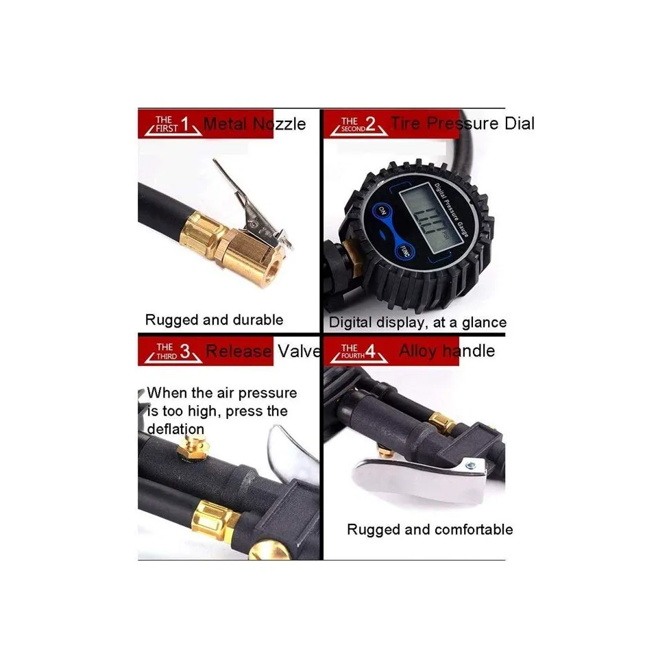 Inflador de neumáticos Digital con manómetro, Mandril de Aire de 200 PSI y Accesorios de compresor Manómetro Digital electrónico de Alta Resistencia Presión de neumáticos