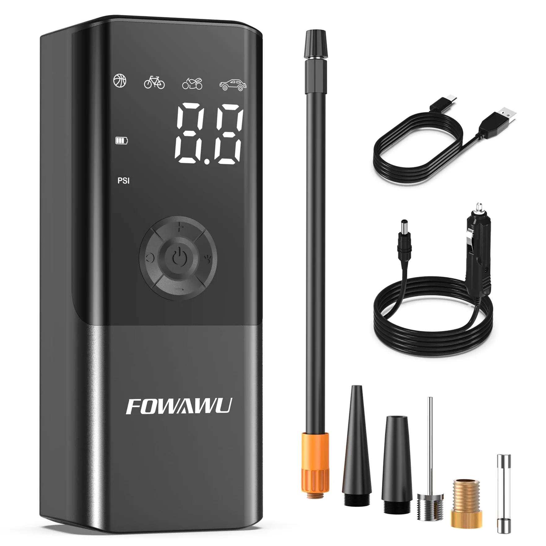 FOWAWU 6000mAh Compresor Aire Portatil, 150PSI 12V DC Bomba de Aire Bicicleta Electrica con gran pantalla doble LCD y Linterna LED, Inflador Ruedas Coche para Moto, Bicicletas, Pelotas