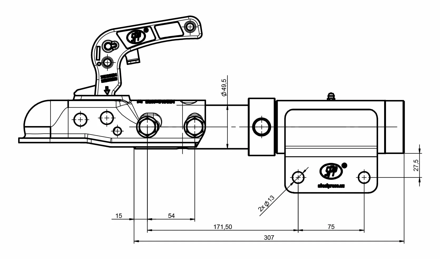 Parnells - Cabezal de Enganche de Remolque Giratorio de 1 Pieza - 1700 kg, Perno M12, Longitud 440 mm - Enganche de Remolque de Acero Resistente de 360 Grados - para Remolques ATV y Uso Todoterreno
