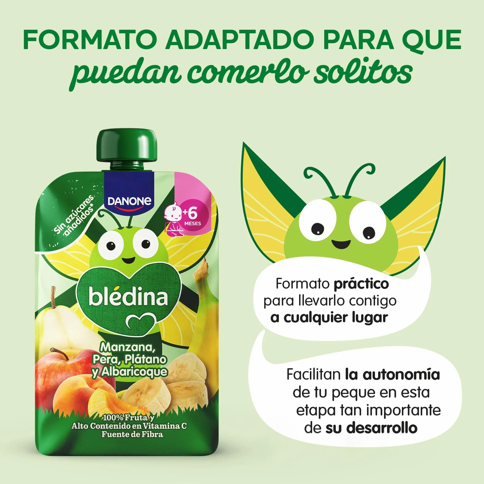 Blédina Bolsita de Manzana, Pera, Platano y Albaricoque para Bebé, 100% Fruta, Sin Azúcares Añadidos, Vitamina C, Fibra, 6 Meses, 100g