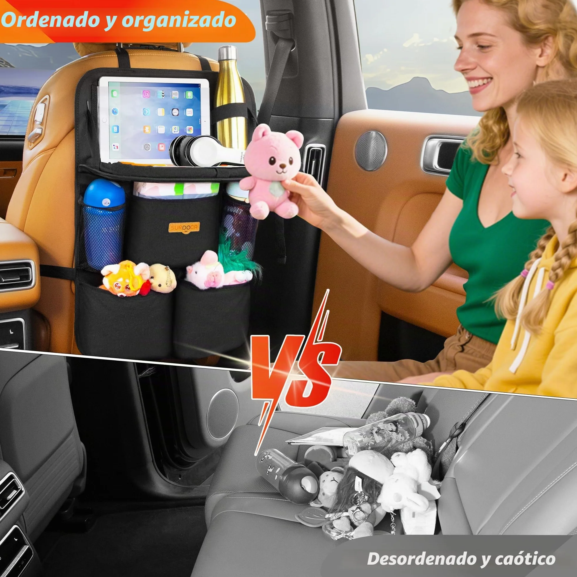 SURDOCA Organizador de asiento trasero de coche con bandeja plegable para niños y adultos – Nuevo modelo de almacenamiento de asiento con bolsillo táctil para tablet, artículos esenciales para viajes