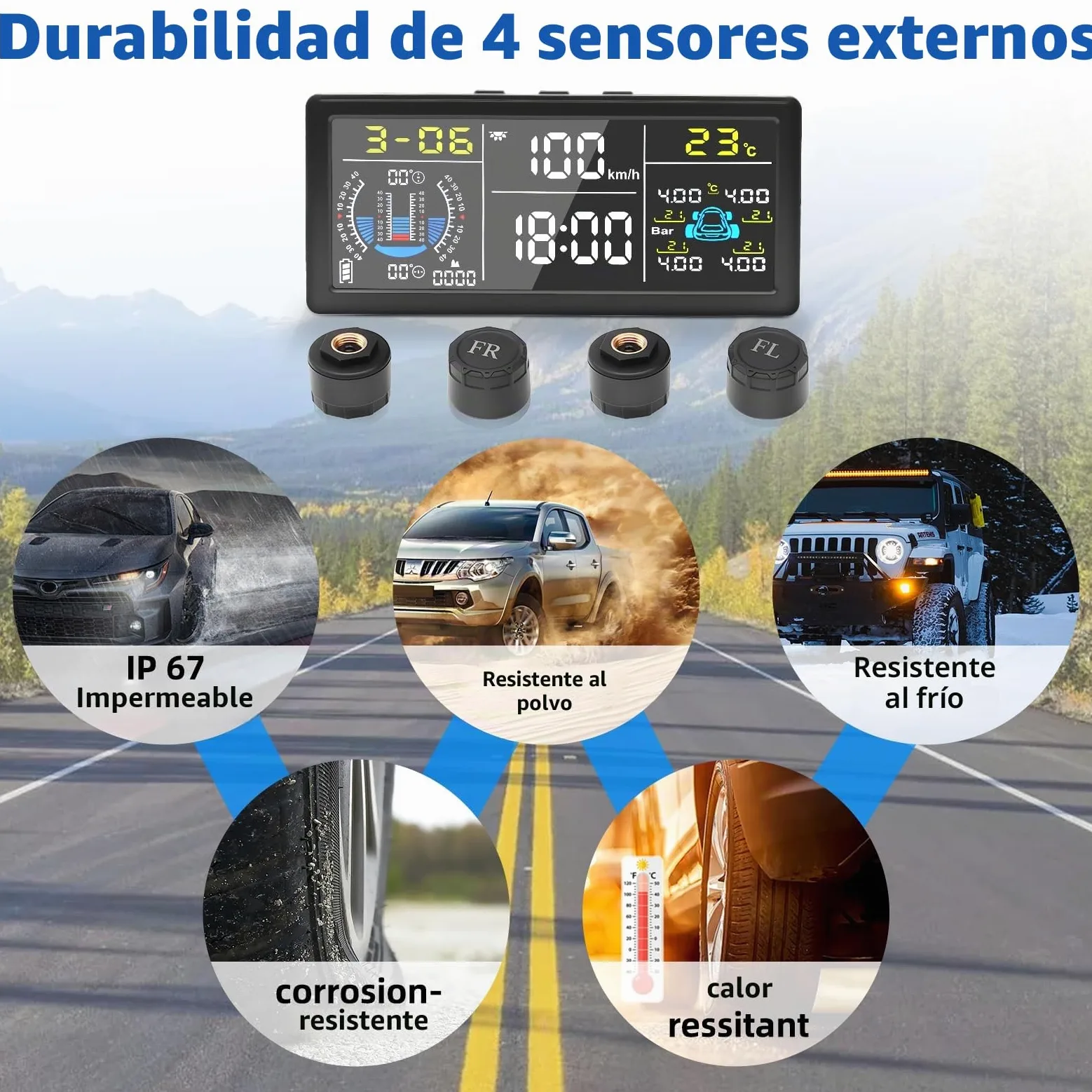 Sistema de Monitoreo de Presión de Neumáticos TPMS 0-199psi, Solar USB, Sensores de Núcleo de Cobre, 6 Modos de Alerta Incluyendo Alerta de Exceso de Velocidad Vehículo Remolque Caravana