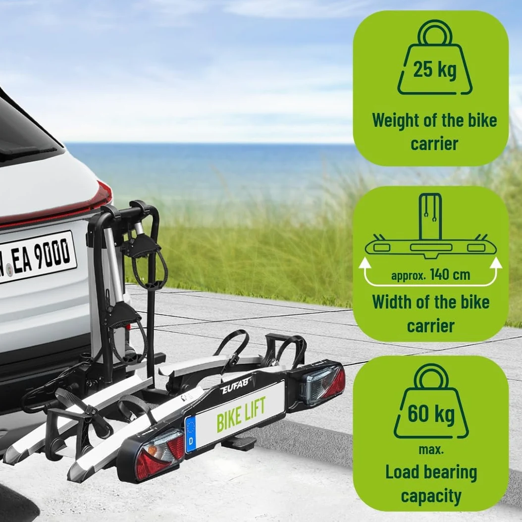 EUFAB Portabicicletas 11554 Bike Lift, Apto para Bicicleta eléctrica, Totalmente premontado, Descenso eléctrico, antirrobo, para 2 Bicicletas, para Enganche de Remolque, 2025 con Soportes de Marco de