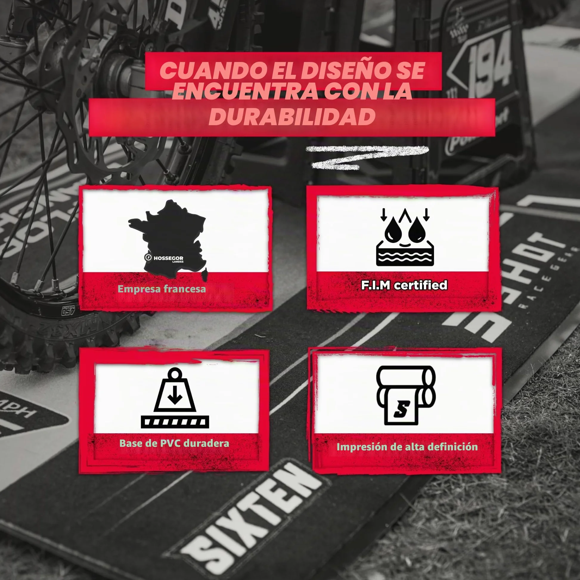 Alfombra de moto Fusion SIXTEN 95 x 240 – Alfombra ambiental para moto – para paddocks y garaje, lavable y ecológica, ideal como regalo para moto