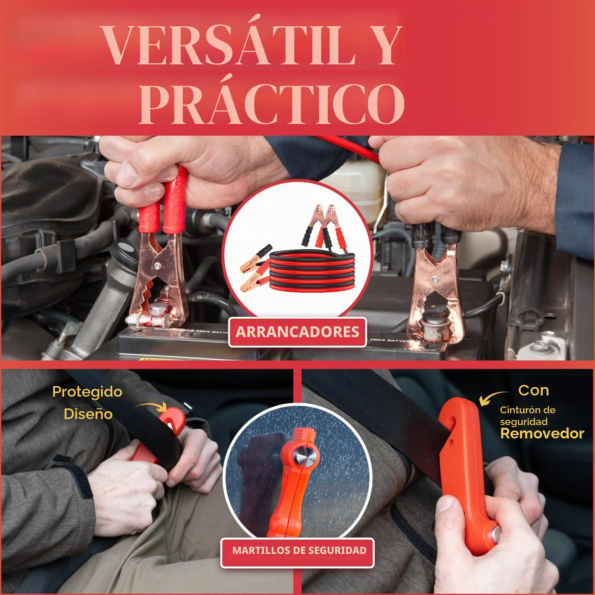 GADLANE Kit de emergencia para avería de coche - Gran kit de emergencia en carretera con triángulo de advertencia, cables de puente, cuerda de remolque, botiquín de primeros auxilios, martillo de