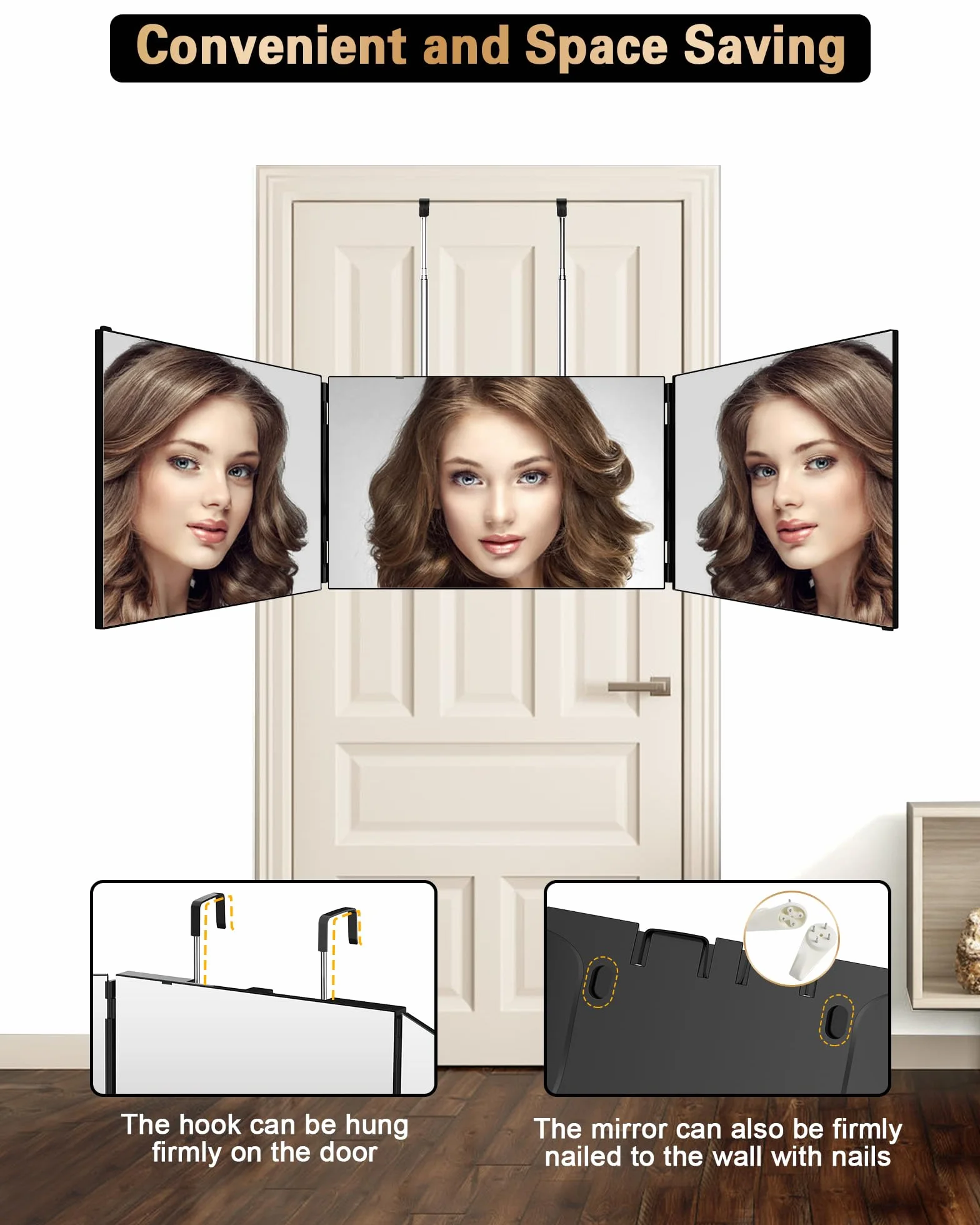 JUSRON Espejo de 3 Vías, Espejo 360º Colgable Portátil, Espejo Maquillaje de 3 Lados Altura Ajustable con Gancho Retráctil