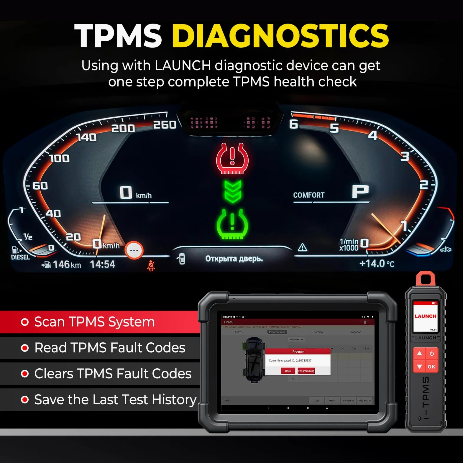 LAUNCH X431 i-TPMS Sensores de Presión de Neumáticos, Activar/Nuevo Aprender/Programar Detector de Presión de Neumáticos, Herramienta de Diagnóstico de TPMS Funciona con X431 V+/Pros V/Pad VII