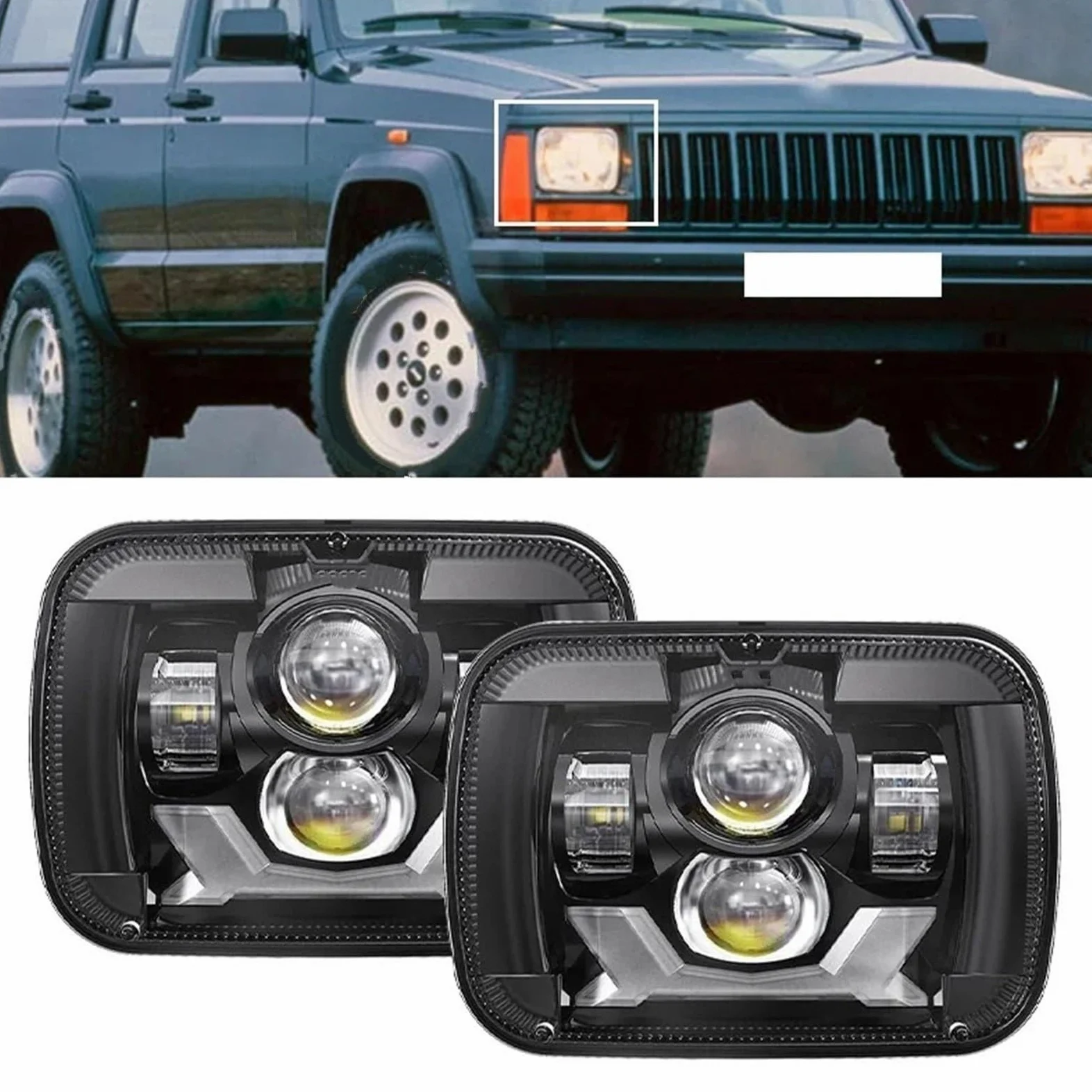 Bombilla Coche Faro LED Impermeable 7x6 Bombilla para coche | 90W 5X7 Blanco DRL Ámbar Intermitente H4 Cuadrado