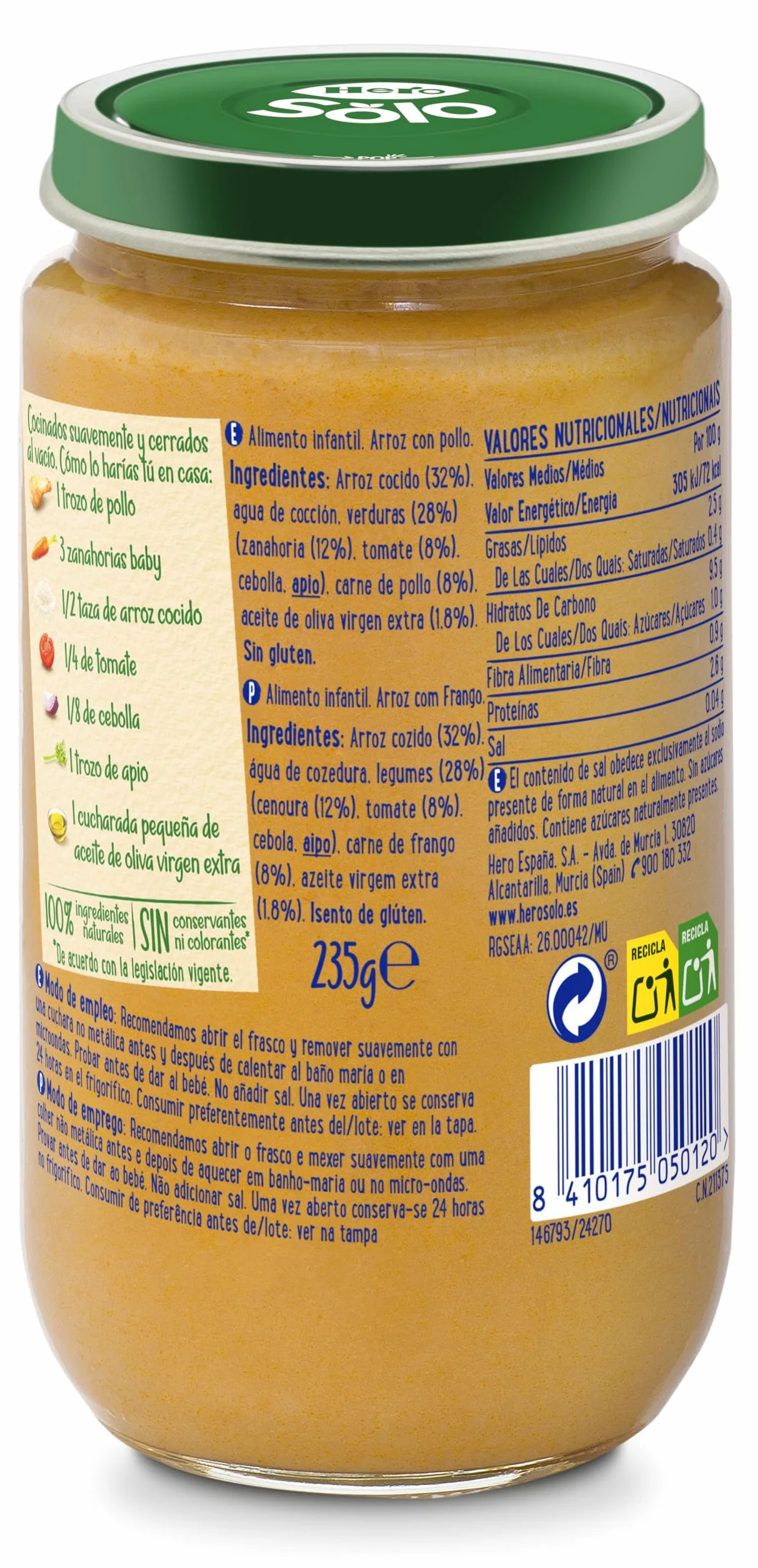 Hero Baby Tarrito Infantil Arroz y Pollo 235g 12 Pack Sin Aceite de Palma Sin Sal Añadida para Bebés desde 6 meses