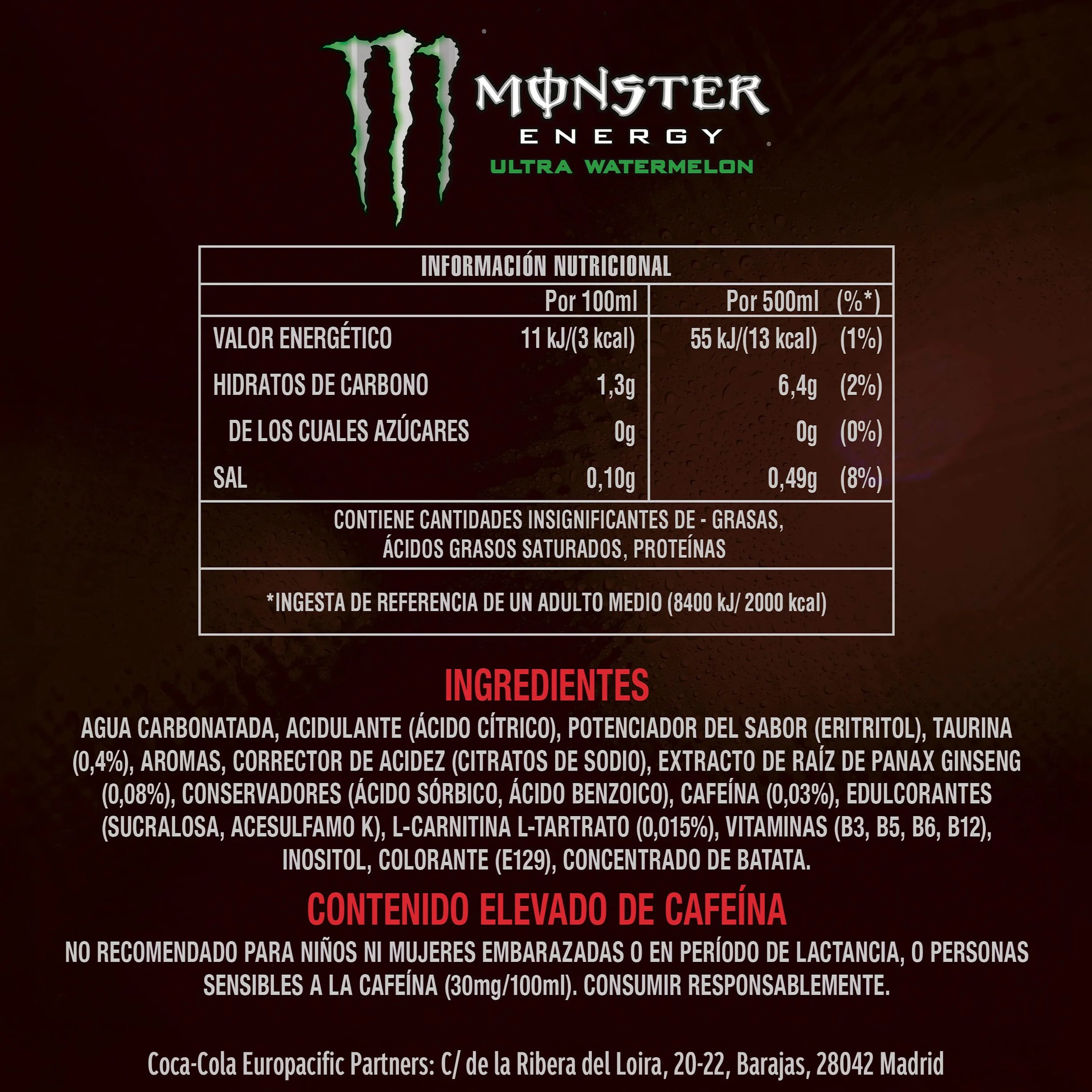 Monster Energy Ultra Watermelon Bebida Energética Sin Azúcar Pack 12 x 500 ml