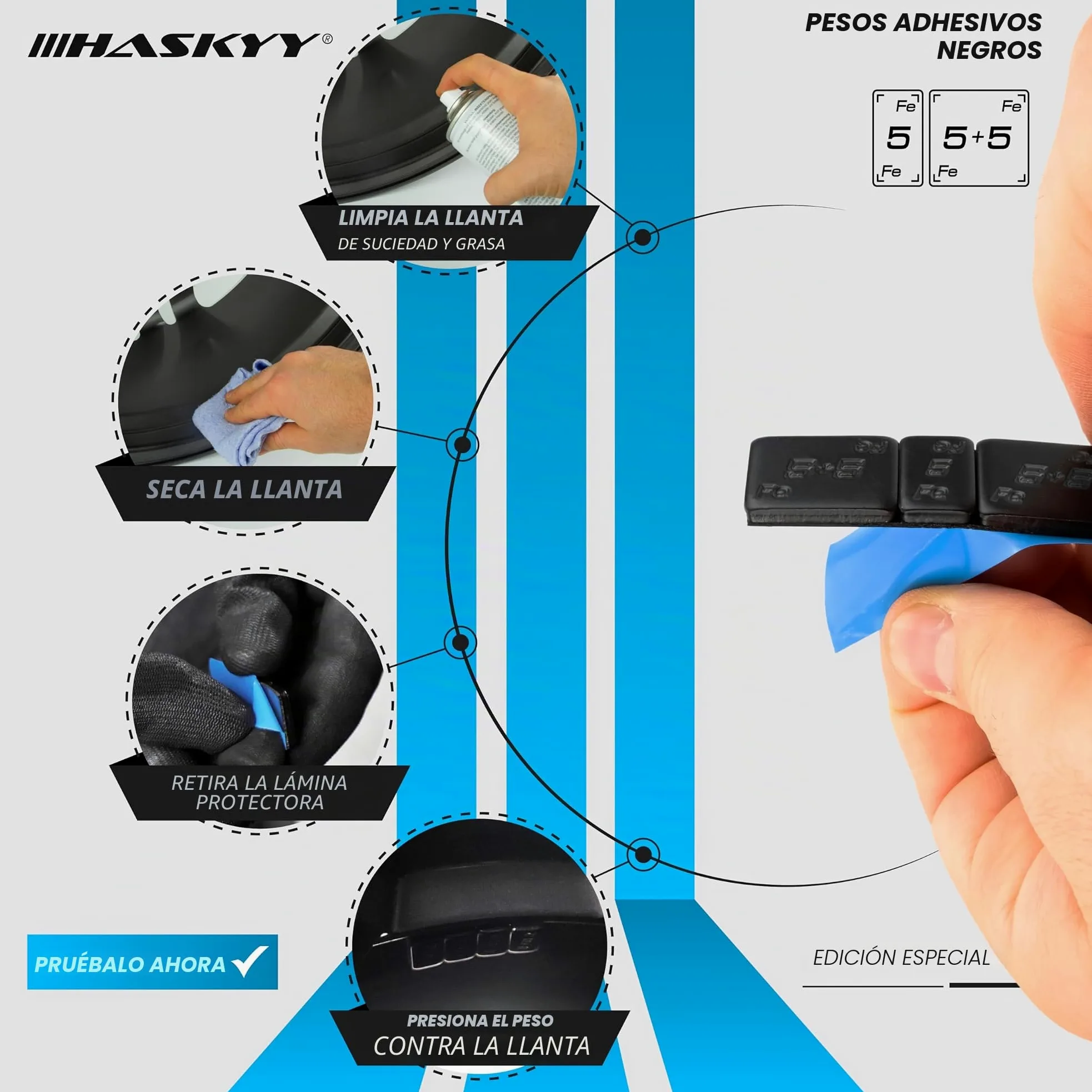HASKYY 100x Pesos de Equilibrio 6KG Negras para Ruedas 4x5g + 4x10g Barras Adhesivas Tira de Acero on Revestimiento de plástico 60g