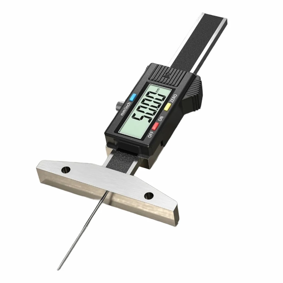 Medidor de profundidad de acero inoxidable 4CR13 herramienta resistente al desgaste (0-150 mm) | LCD de resolución de 0.01mm, cuerpo de acero inoxidable, lectura precisa de profundidad, herramienta de grado industrial
