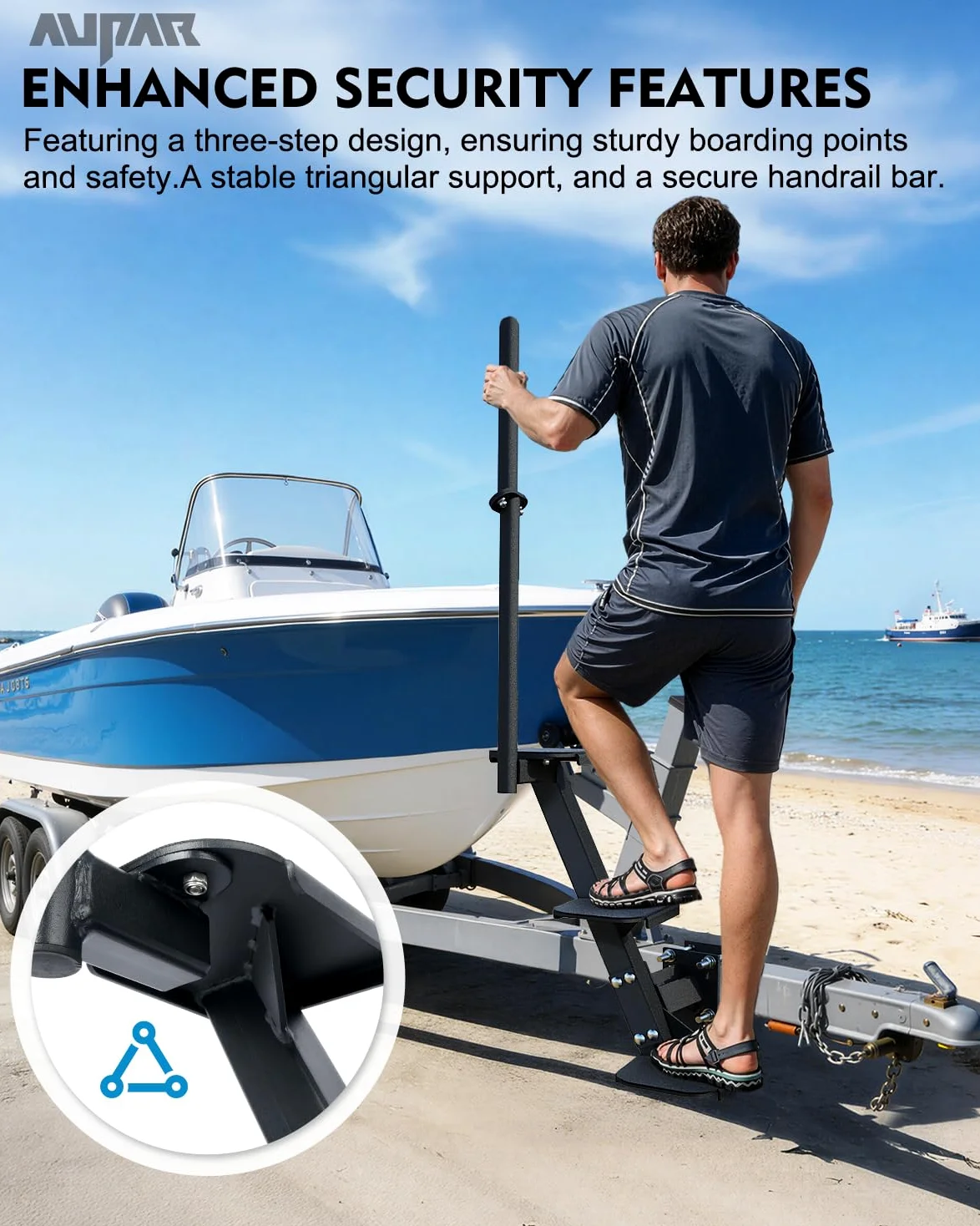 Escalones de remolque de barco, escalones de lengüeta de remolque resistentes con asa, ajuste universal para 3 x 3 pulgadas, 4 x 4 pulgadas y 3 x 5 pulgadas (3 escalones, banda de rodadura | Superficie antideslizante, capacidad de 450 libras
