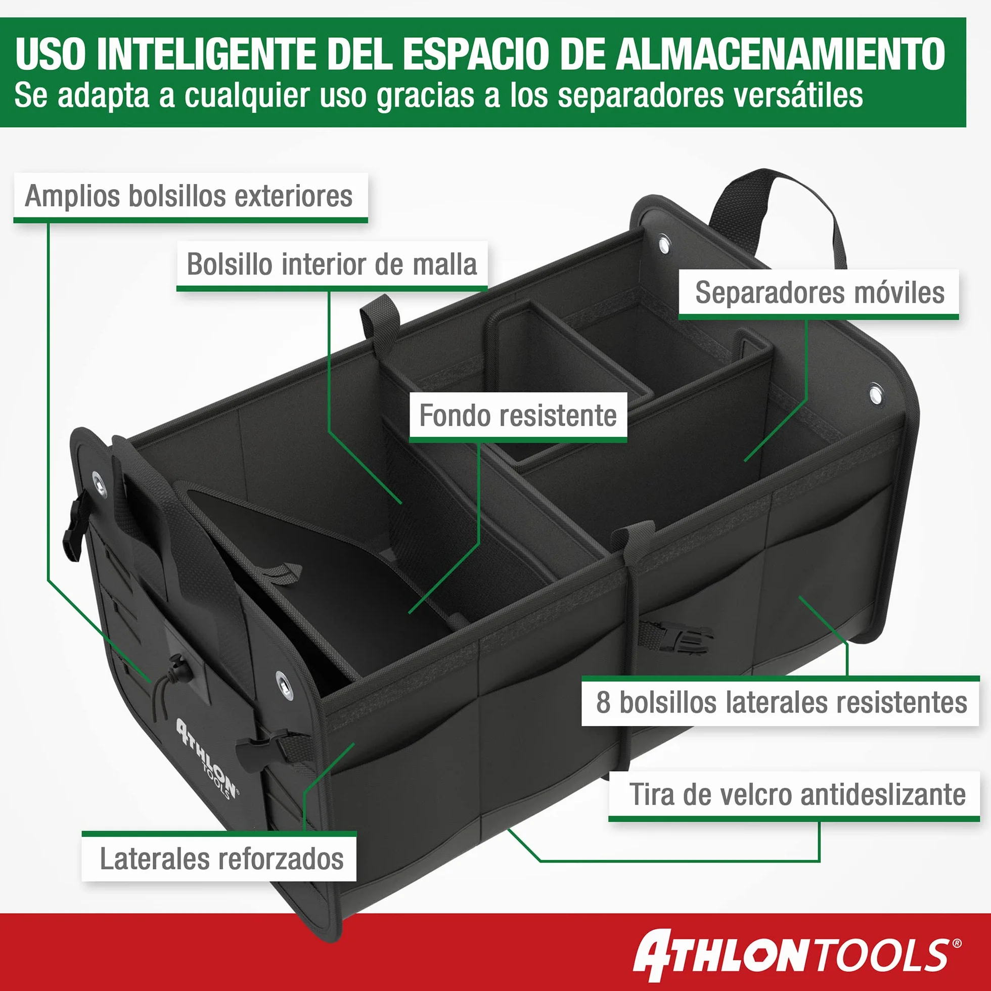 ATHLON TOOLS Bolsa de maletero prémium con tapa, XXL de 60 litros organizador de maletero, base extraestable e impermeable con cierre de tiras antideslizante