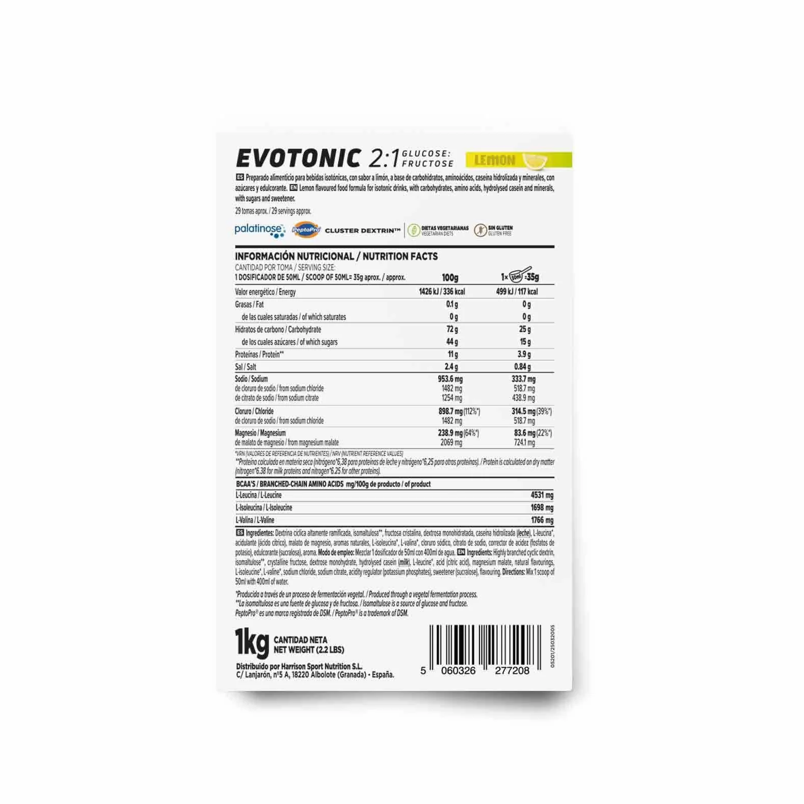 HSN Evotonic Bebida Isotónica en Polvo Limón 1Kg Cluster Dextrin Palatinose PeptoPro BCAAs