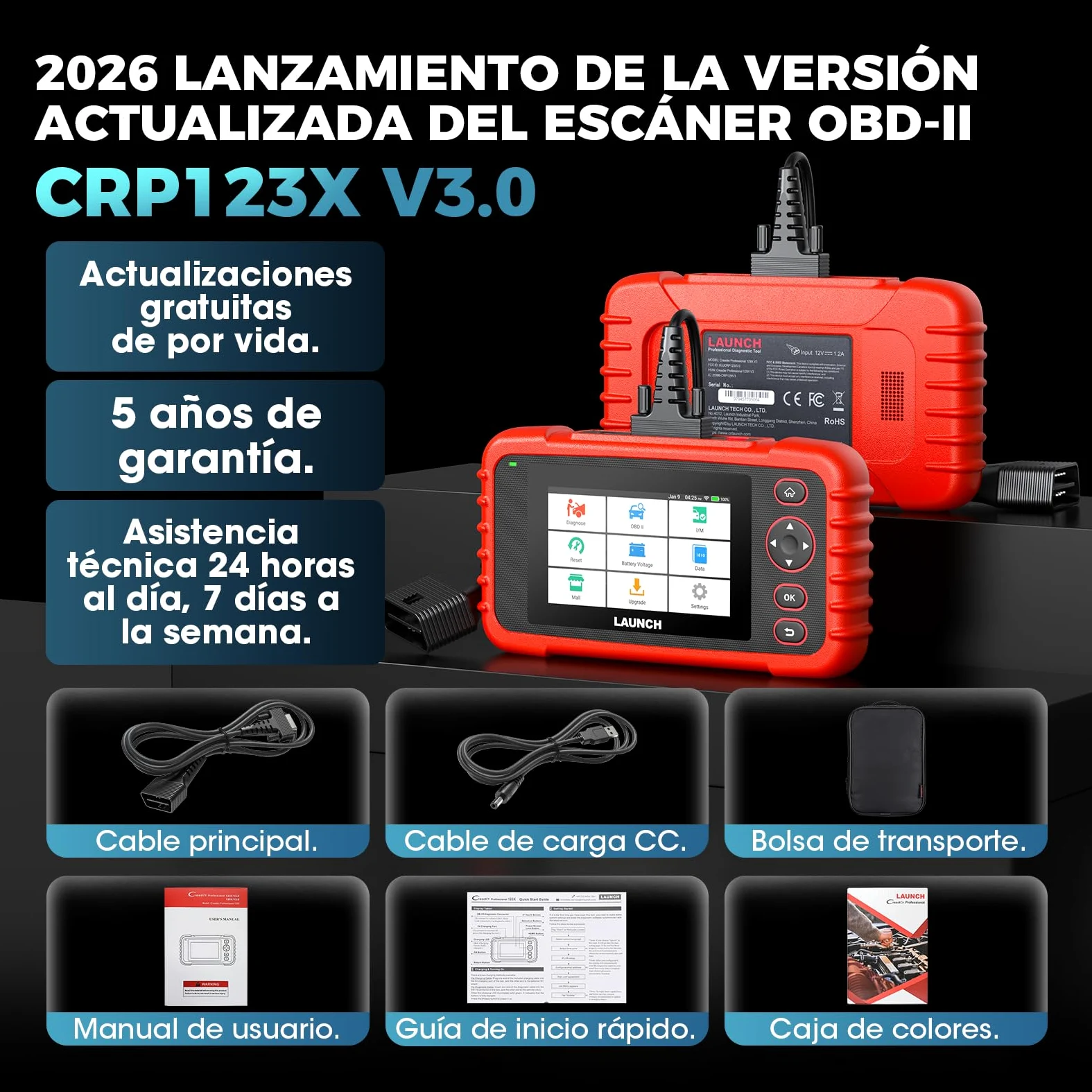 LAUNCH CRP123X V3.0 - OBD2 Diagnosis Coche Multimarca Profesional - Escáner 4 Sistemas, Reset EPB/DPF/Aceite, SAS/BMS/TPMS, Test de Batería, Lectura Vin con ACTUALIZACIONES Gratis DE por Vida