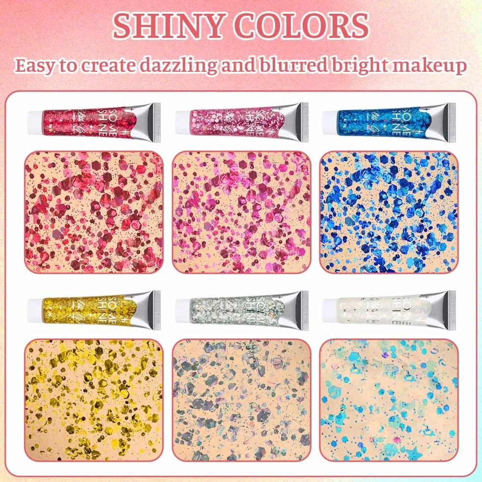 Purpurina Cara Gel 18g Festival Gel Purpurina Líquida Corporal Chunky Glitter Carnaval (Azul+Rosa+Plata+Blanco+Oro+Rojo Rosa)