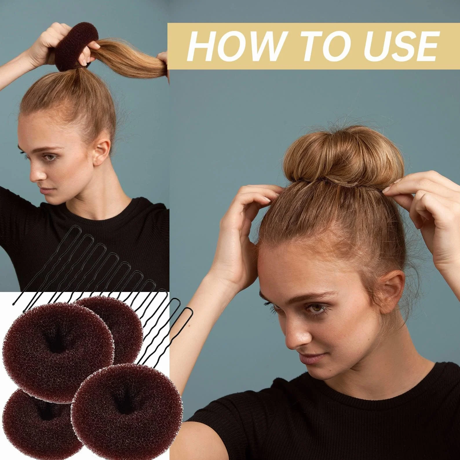 Set de moños en forma de donut, 4 piezas, herramienta para hacer moños con 10 pinzas en forma de U