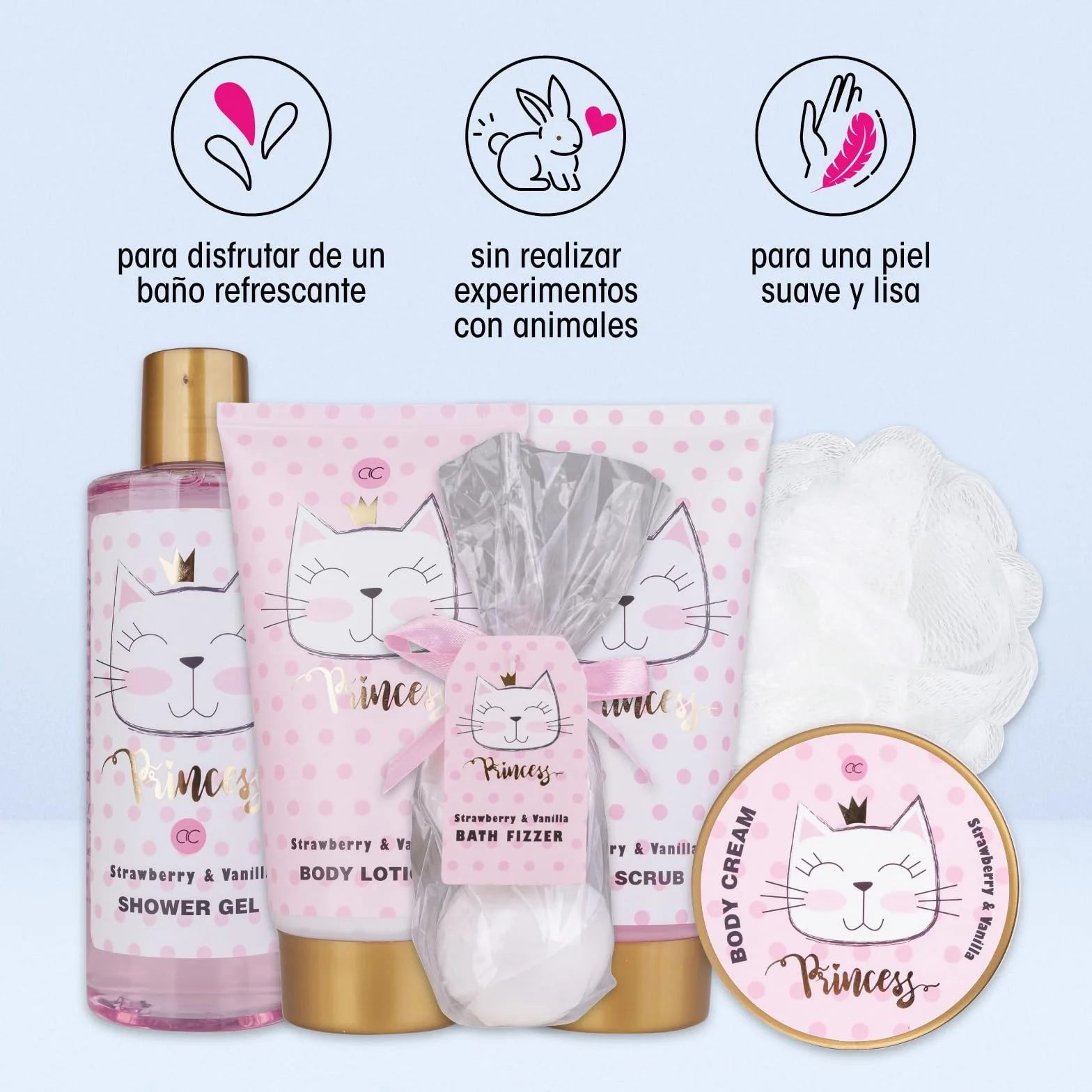 Accentra PRINCESS KITTY Juego de regalo baño mujer 250 ml gel de ducha loción exfoliante crema bombas baño esponja cesta fresa vainilla