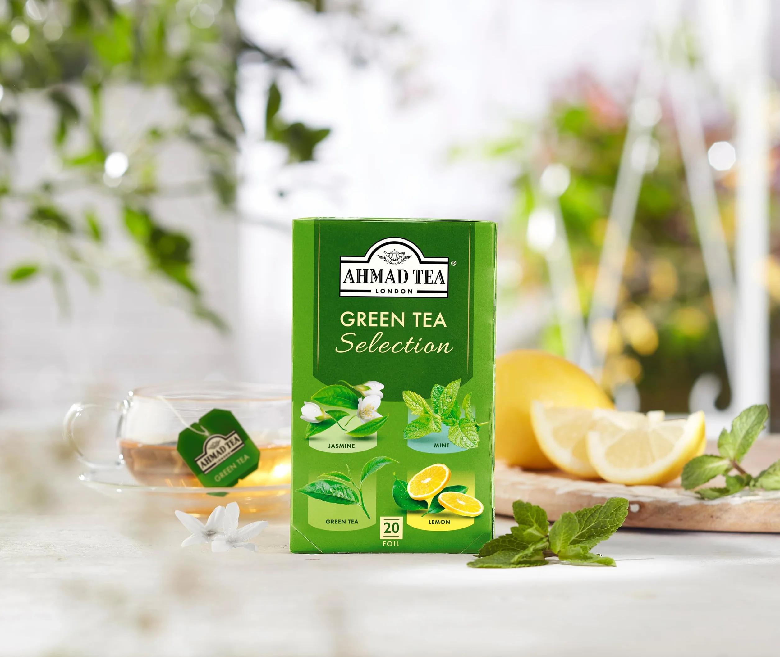 Ahmad Tea Green Tea Selection - Surtido de té verde - Clásico, jazmín, menta, limón - 20 bolsitas de té
