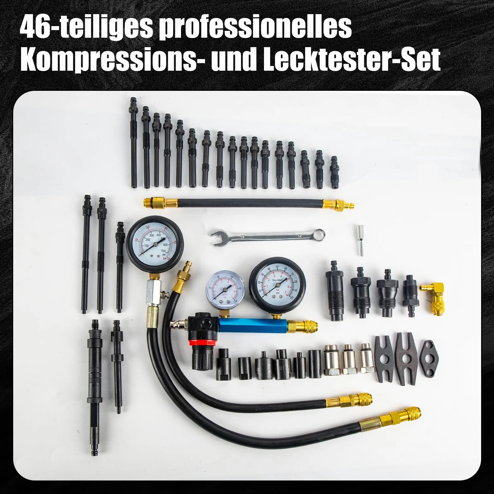 46 piezas profesional Compresión Comprobador de Compresión Compresión Comprobador de Compresión Motor Gasolina Diesel Comprobador de Compresión Cilindro con Dual Gauge Engine para coches, coches