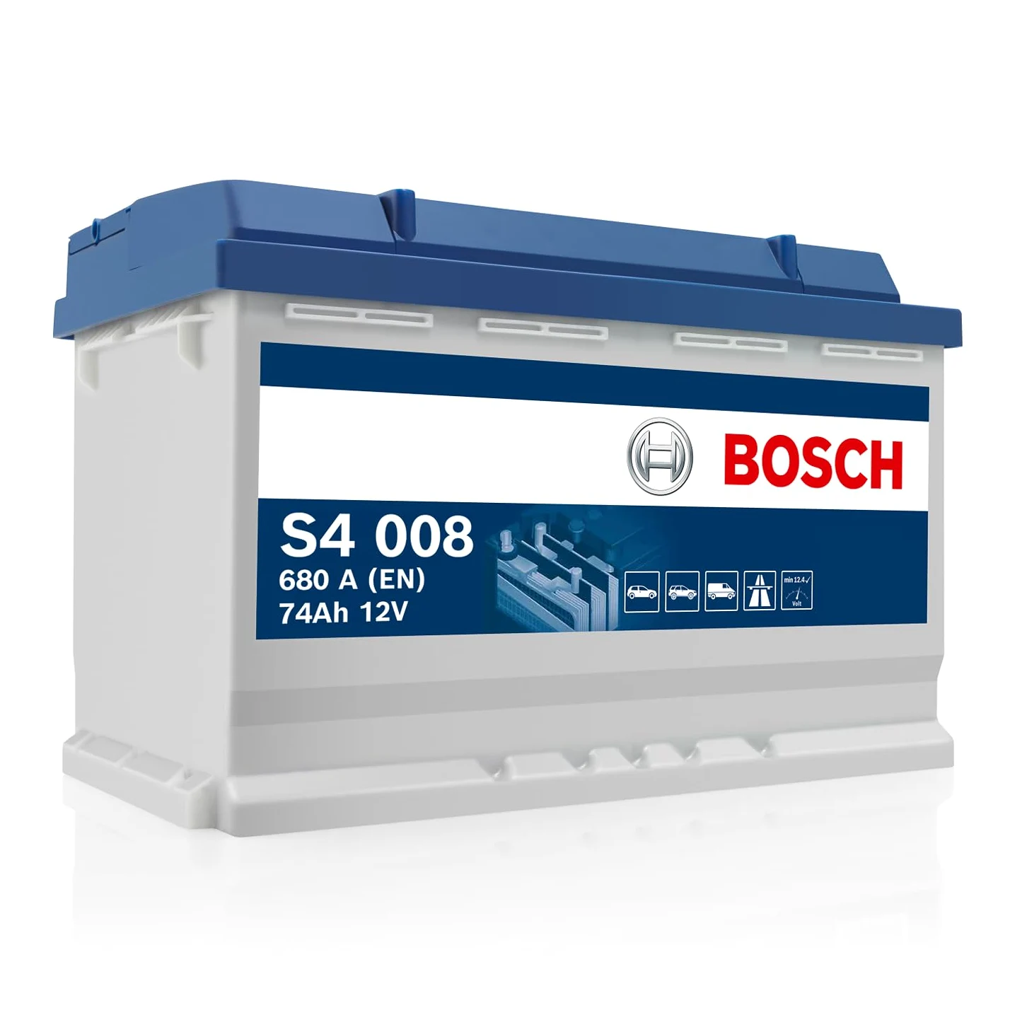 Bosch S4 008 Batería para Coche 74 A/h - 680 A - 12 V, de Plomo-Ácido para Vehículos sin Sistema Start/Stop, Polaridad Izquierda (-) Derecha (+), 278 x 175 x 190 mm