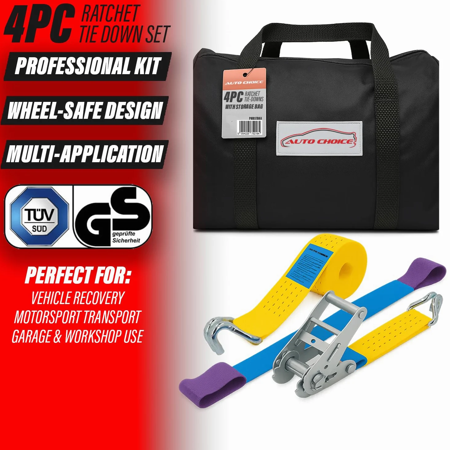 Xtremeauto BS EN121 - Juego de 4 correas de rueda de transporte de coche – Juego de tensores de amarre de trinquete de 50 mm con ganchos de garra – Correas amarillas de 3 partes con desviador suave