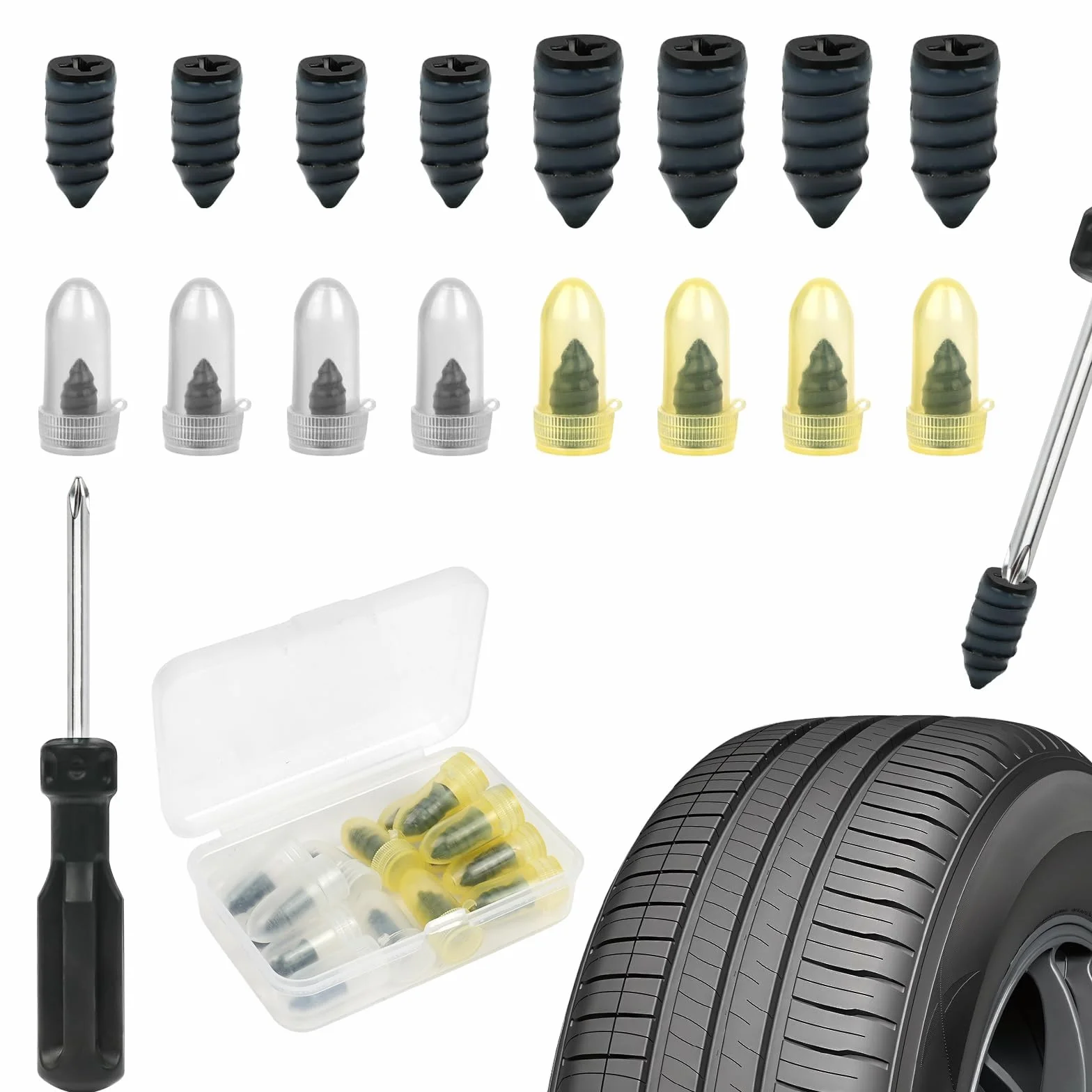 Tire Repair Stud Kit 16 PCS Clavos de Reparación de Neumáticos de Goma, 2 Tamaños con Destornillador, Coche Motocicleta Camión Bicicleta