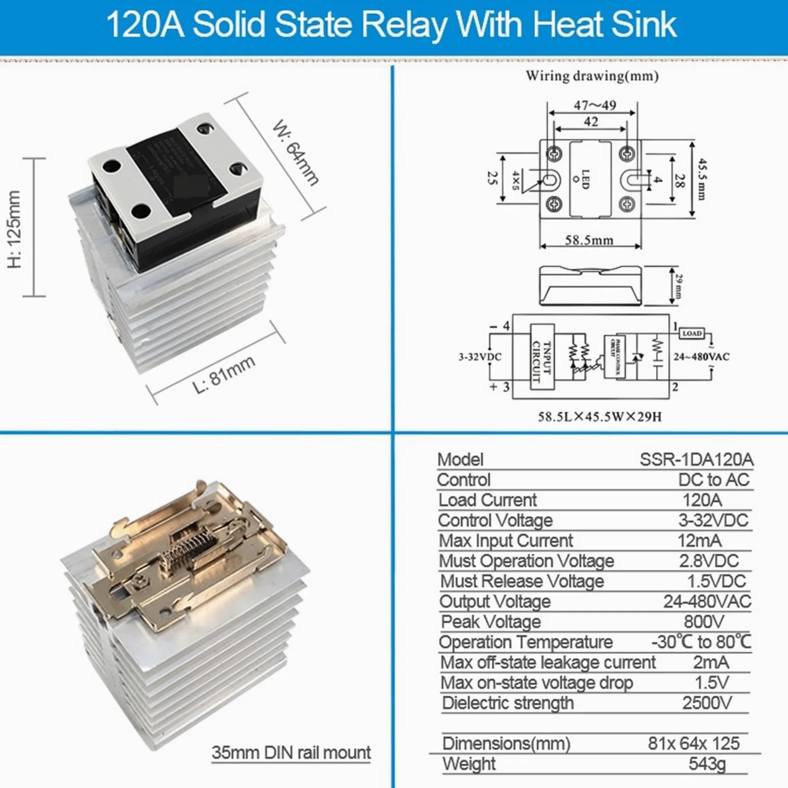 Relé Industrial SSR con disipador de calor, relé de estado sólido montado en Riel DIN, CC a CA, 10A, 25A, 40A, 60A, 80A, 100A, 120A, 1 Uds.(DC-AC 100A)