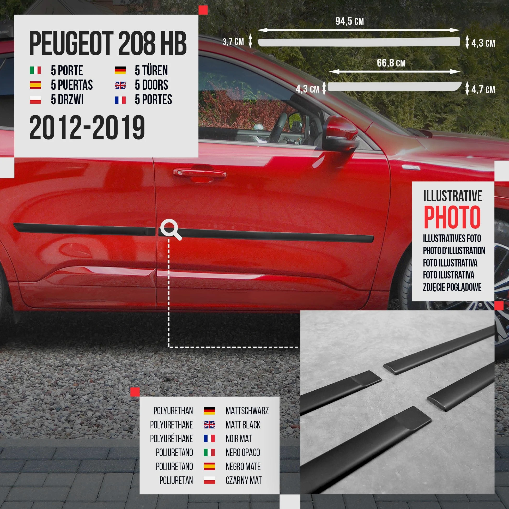 CHROMEMASTER | Molduras Protectoras Laterales para Puertas de Coche | Compatibles con Peugeot 208 5 Puertas Hatchback 2012-2019 | El plastico | Molduras protegen Las Puertas del Coche de daños