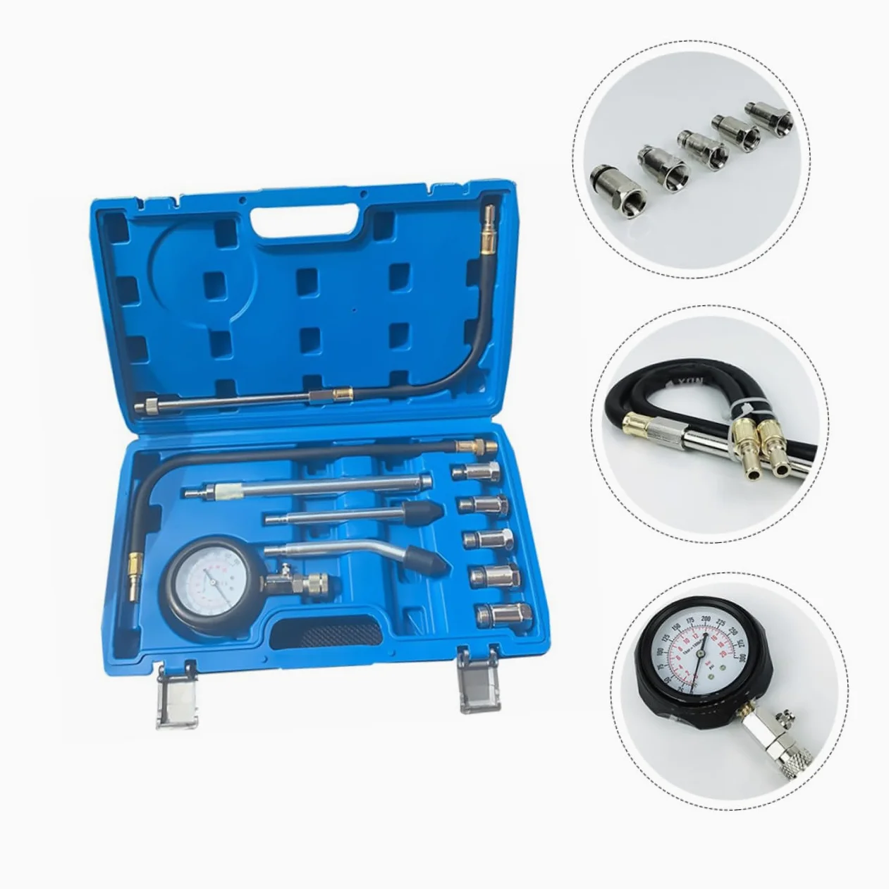 Cabilock Manómetro de Compresión para Motor de Gasolina, 0-300 Psi, Adaptadores Roscados y Conos de Goma para Diagnóstico del Cilindro