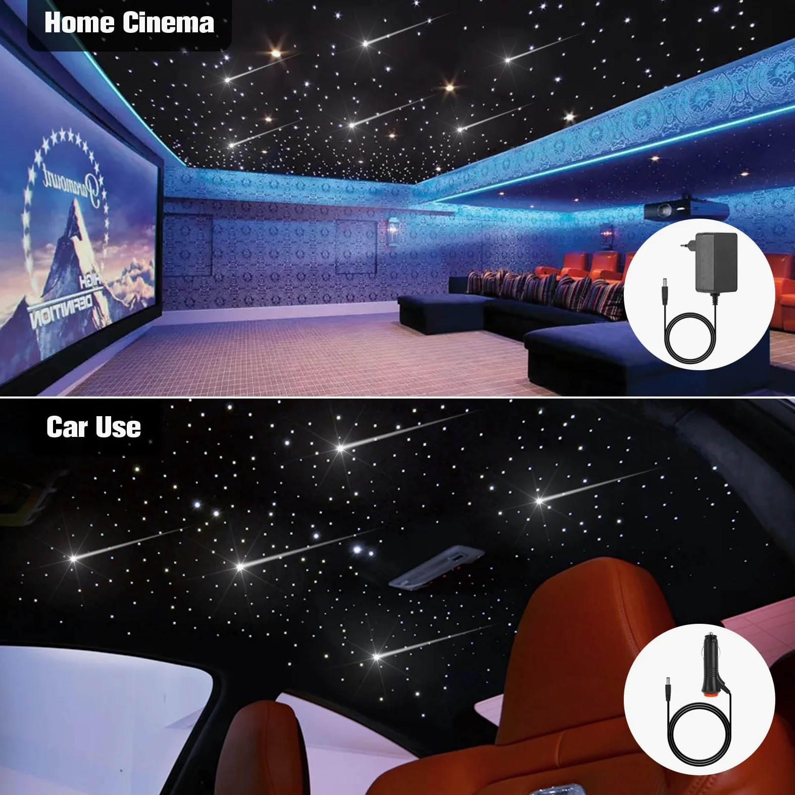 CHINLY 12W Meteoro Luces Techo Estrellado Coche, RGBW Control por APP Bluetooth y Mando, Activación por Música, 450pcs of (0,75mm+1,0mm+1,5mm)*3m Kit Luces Fibra Optica para Coche/Cine/Hogar