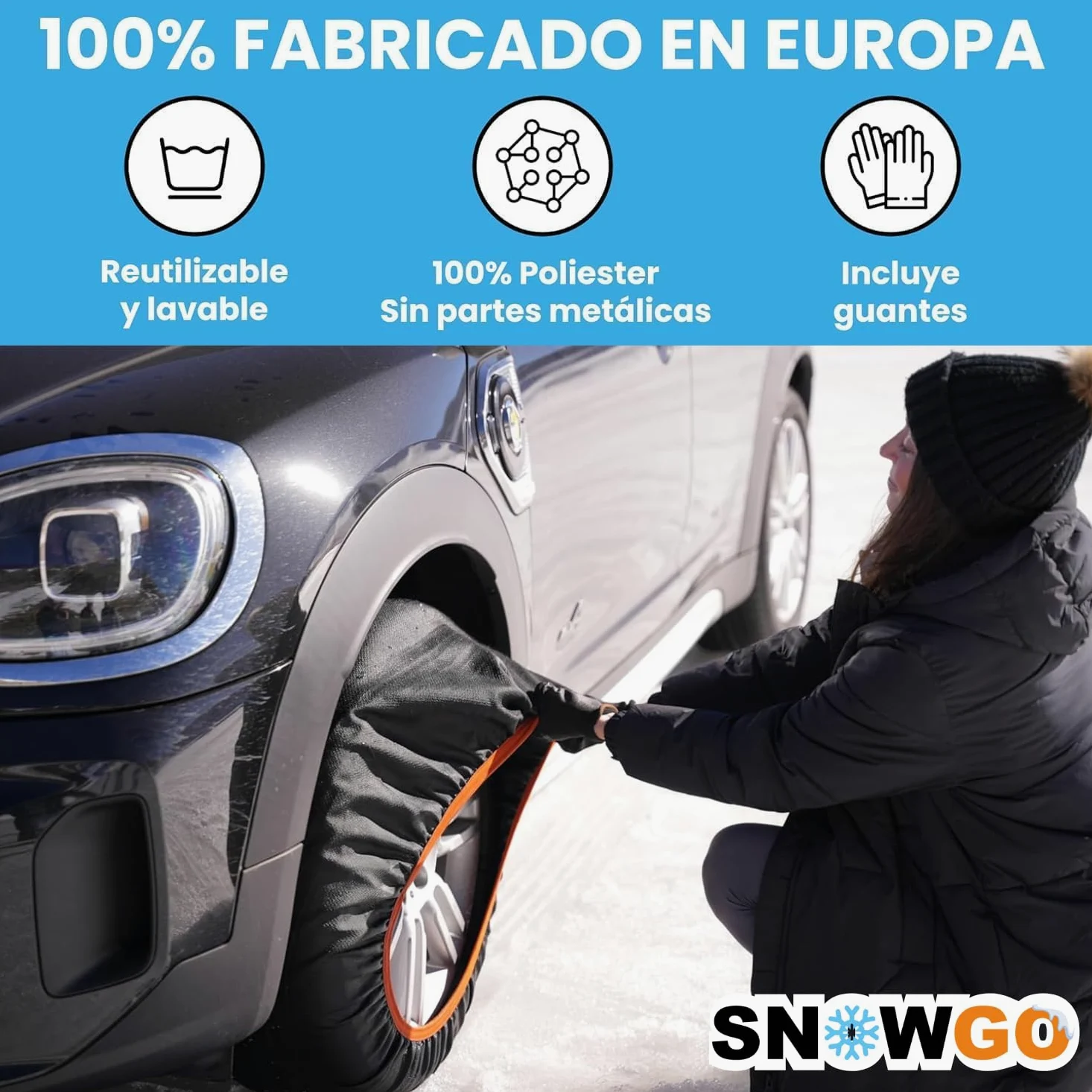 SNOWGO - Juego de 2 cadenas textiles para nieve - Talla XS a XXL - Homologado 16662-1 Europa - Adecuado para vehículos 4x4, vehículos eléctricos, furgonetas y vehículos comerciales <3,5T. (XL)