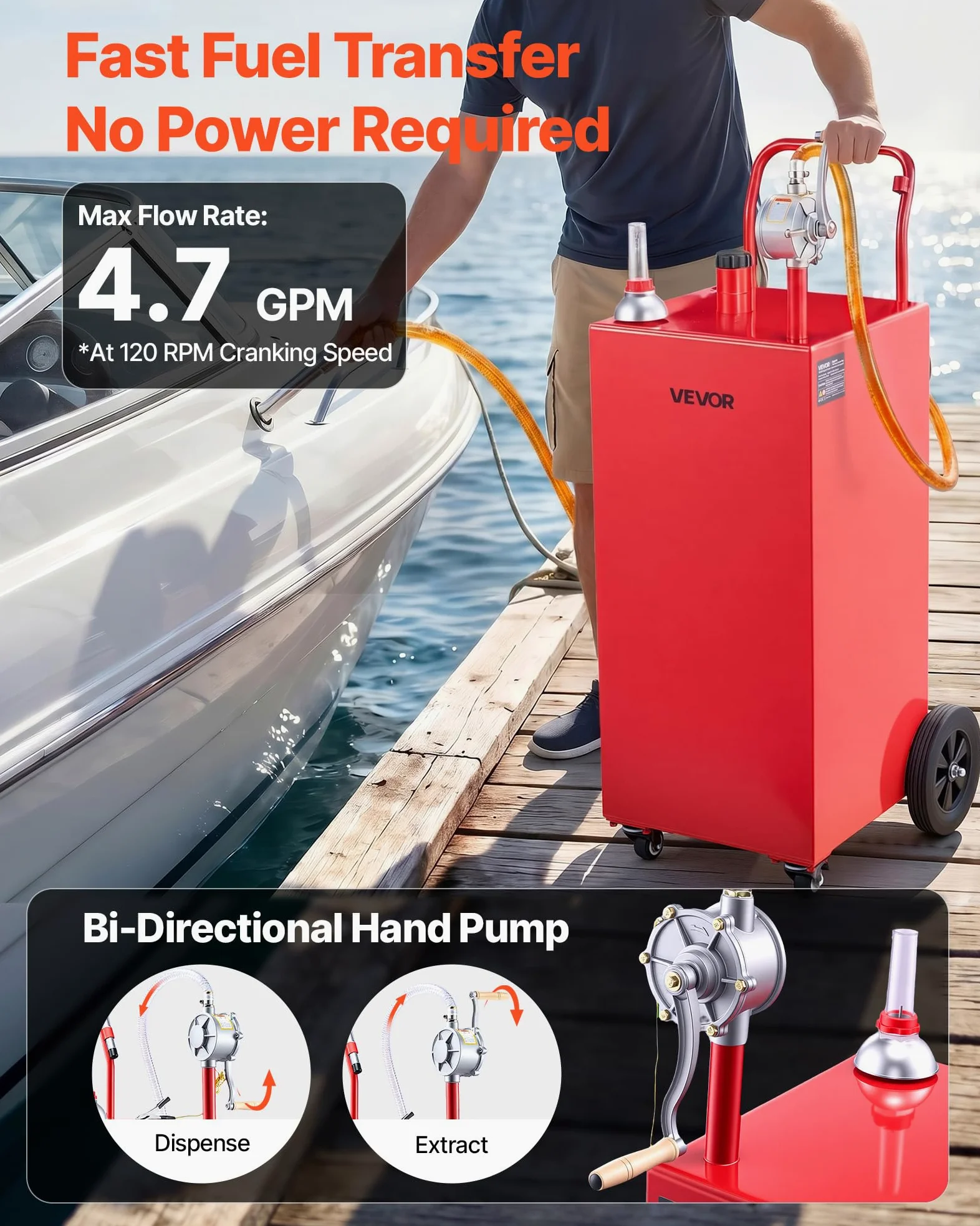 VEVOR Carro de Combustible de 189,3 L con Depósito de Gasolina y Diésel, Tanque de Combustible con 4 Ruedas, Bomba Manual de Trasvase Bidireccional, Acero al Carbono, para Garaje, Granja y Exterior