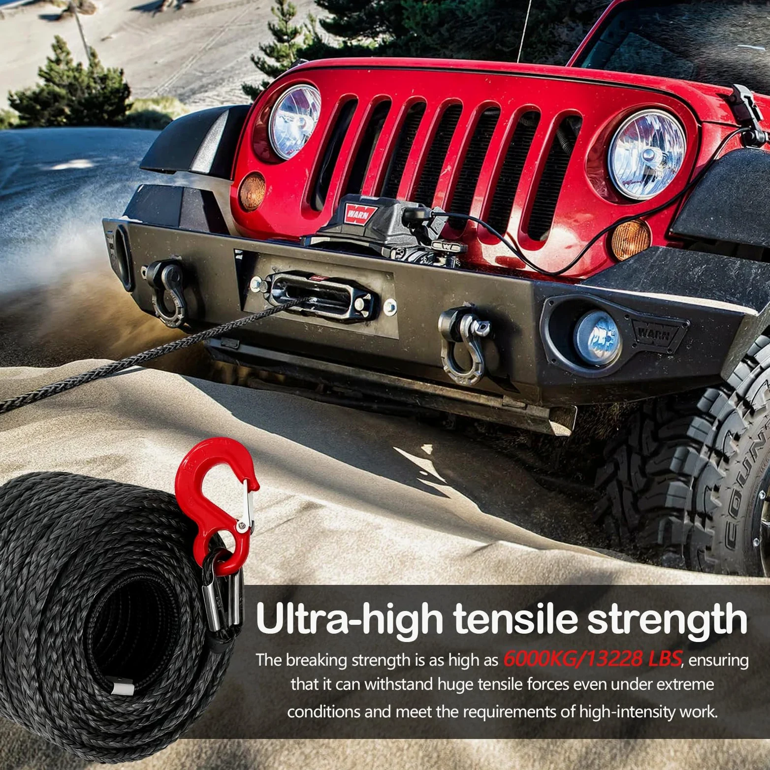 Cuerda de Remolque para Coche, Cabestrante 15m Largo 8mm Diámetro Cuerda Sintética de 12 Hilos 6000kg / 13228 Libra Cuerda de Plástico Cuerda de Remolque con Gancho Metálico para SUV ATV UTV, Negro