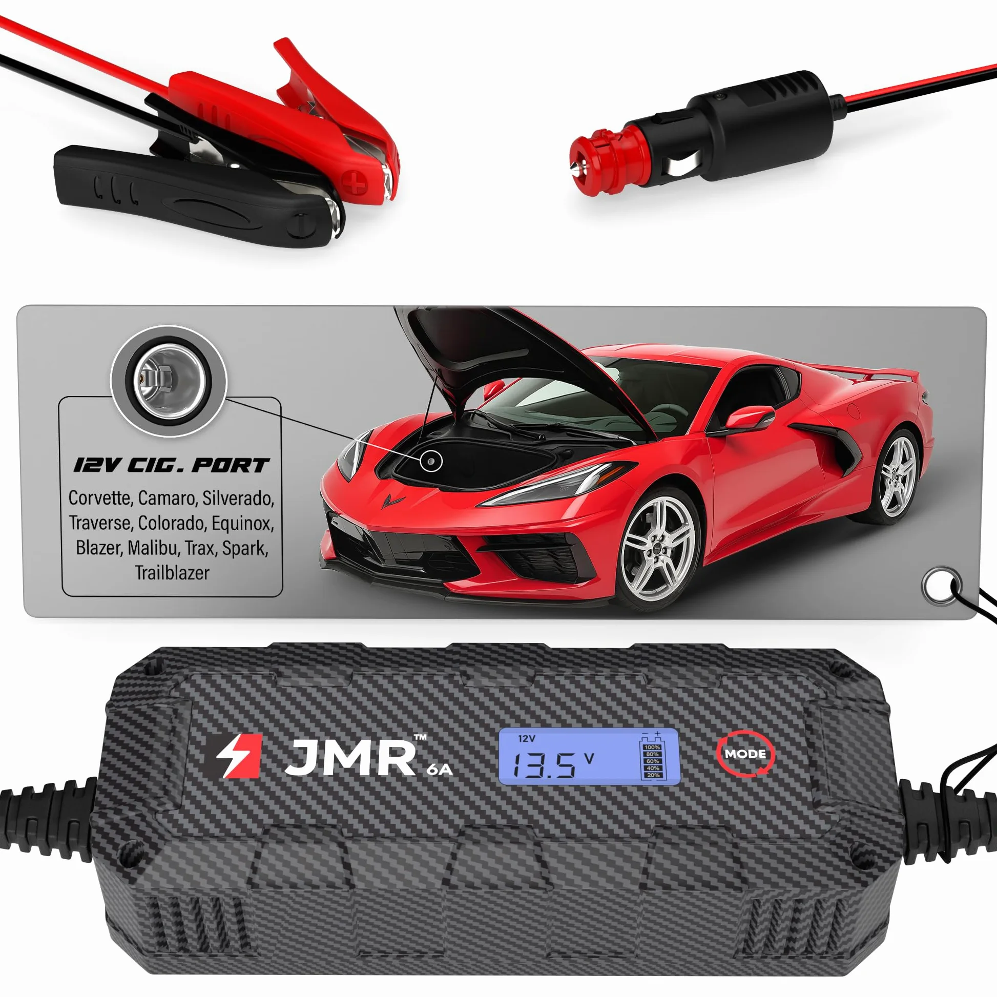JMR Cargador de Bateria para Chevrolet Corvette Camaro Silverado Traverse Colorado Equinox Blazer Malibu Trax Spark Todos los Modelos Mantenedor de Carga Acondicionador (Sin Modo Litio)