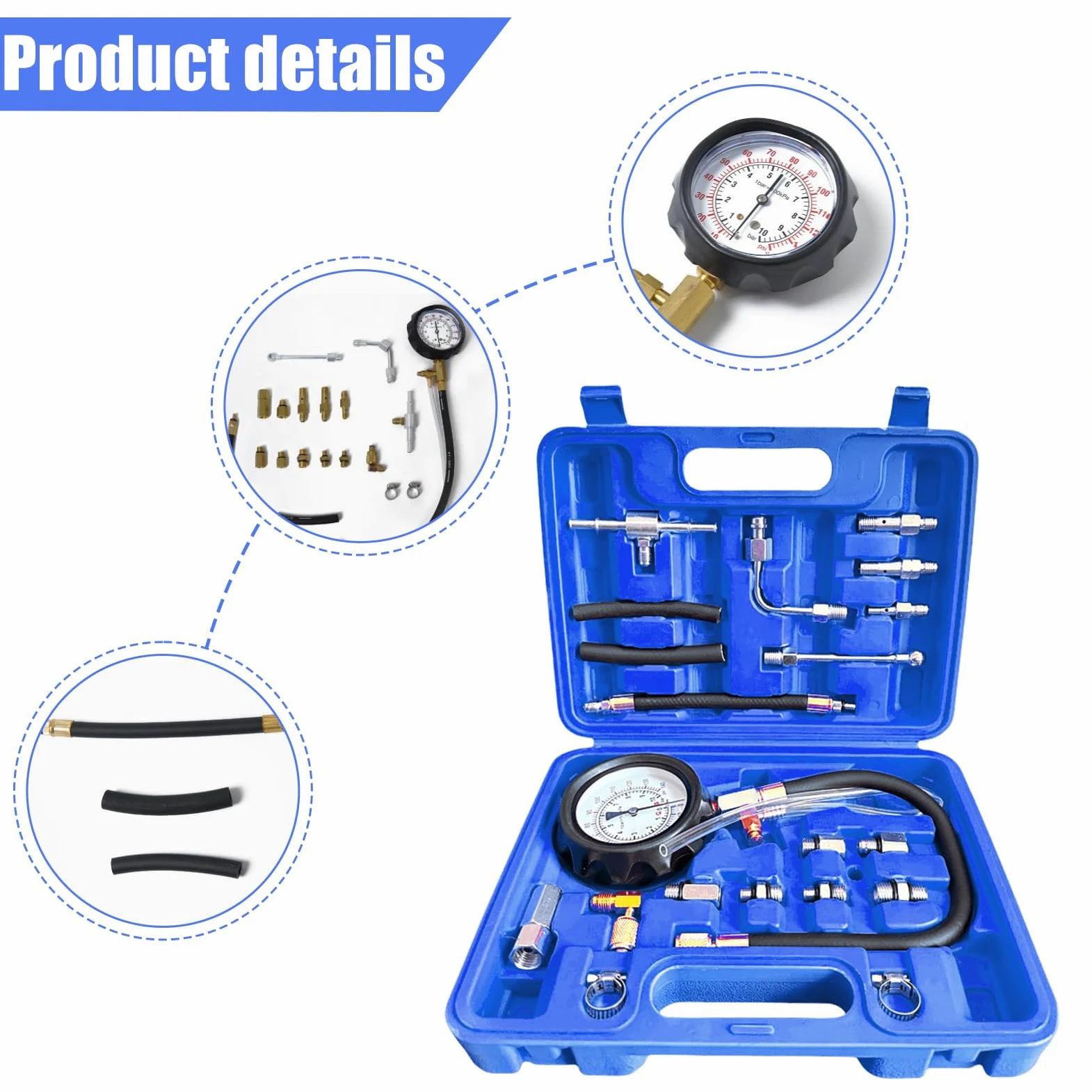 0-140 PSI Manómetro de combustible Tester: Kit TU-114 de prueba de presión de combustible, probador de presión de bomba de inyección, herramienta de diagnóstico para coches, camiones y motocicletas a