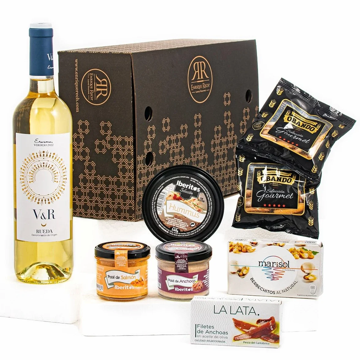 Cesta Regalo Gourmet Vino Blanco Verdejo Paté Brandada Bacalao Salmón Hummus Garbanzo Berberechitos Marisol Anchoas Picos Artesanos