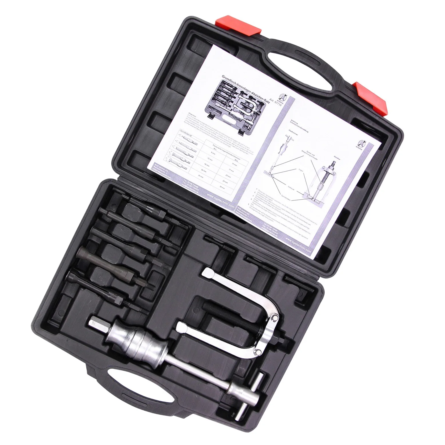 BGS Diy 97710 | Juego de extractores de rodamientos internos ciegos | 11 piezas | Martillo deslizante, 910 g, 285 mm, extractor de 2 brazos de 125 mm, 5 mandriles de extracción, adaptador M6, M8, M10