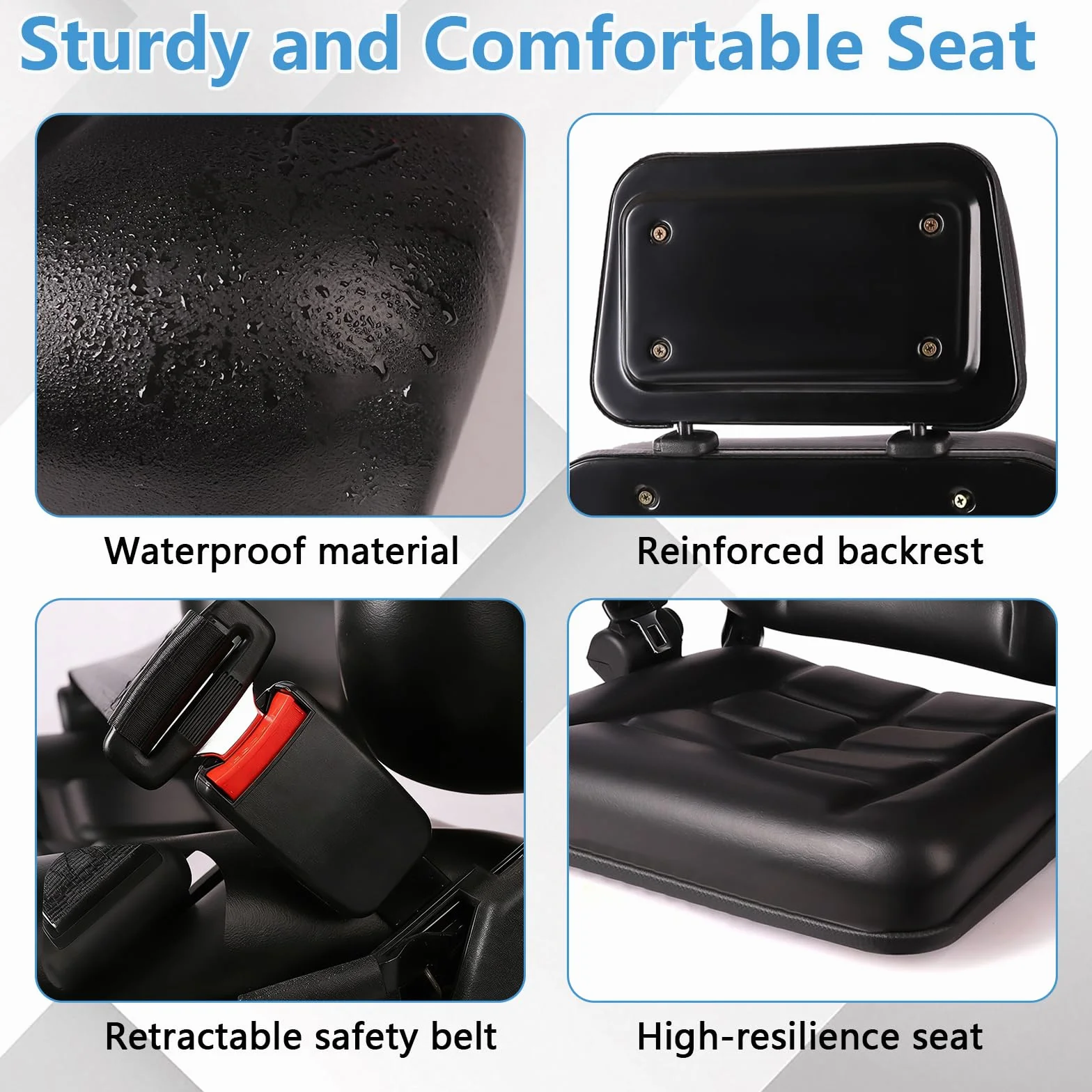 Asiento universal para tractor, asiento plegable para carretilla elevadora con respaldo ajustable y cinturón de seguridad, reposacabezas ajustable en 3 posiciones, reposabrazos plegables y rieles