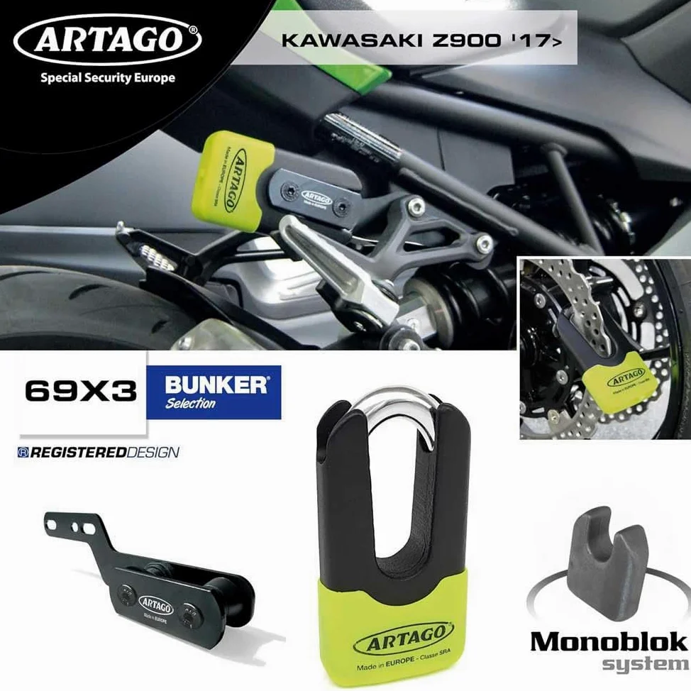 Artago 69X3 Pack Candado Antirrobo Disco Alta Seguridad + Soporte para Kawasaki Z900, Homologado SRA, Sold Secure Gold, ART4