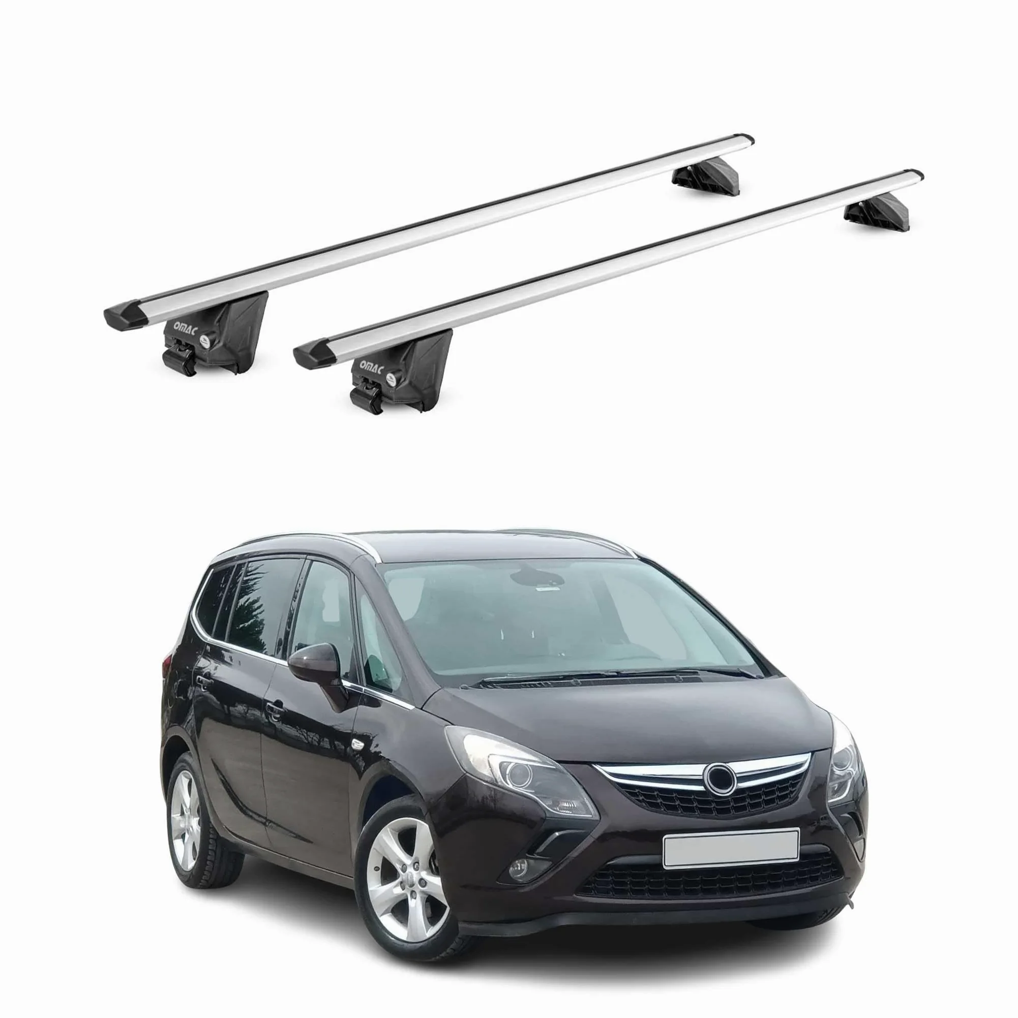OMAC Barras de Techo Aluminio TÜV geprüft para Opel Zafira C Tourer 2011-2019 – para Barras Integradas – T Nut – MAX 100 kg – 2 Schlösser Plata