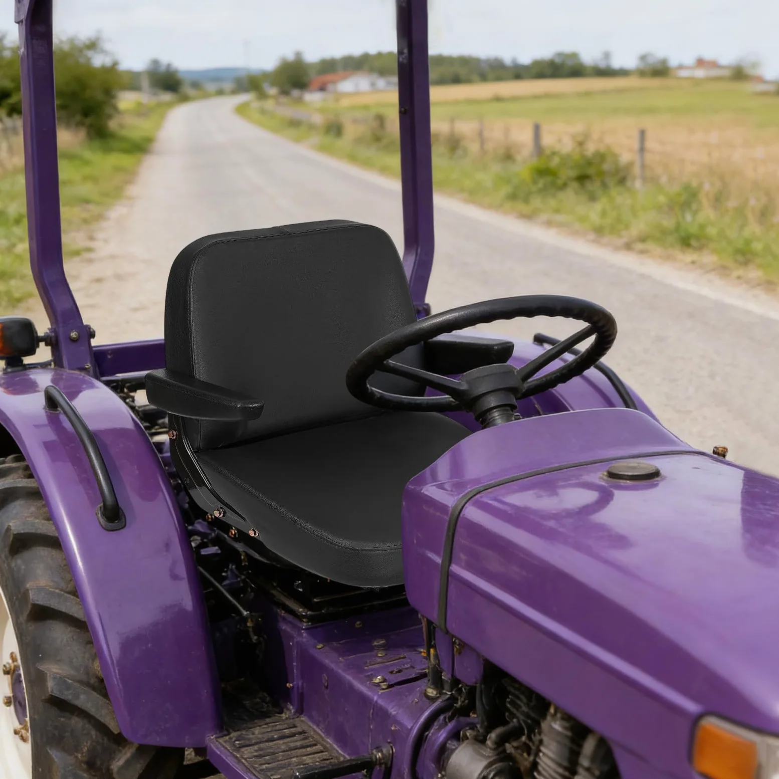 Asiento de tractor universal con reposabrazos, asiento de remolque ajustable, asiento de conductor de cuero de PVC para tractores, cortacésped, carretillas elevadoras, excavadoras - negro